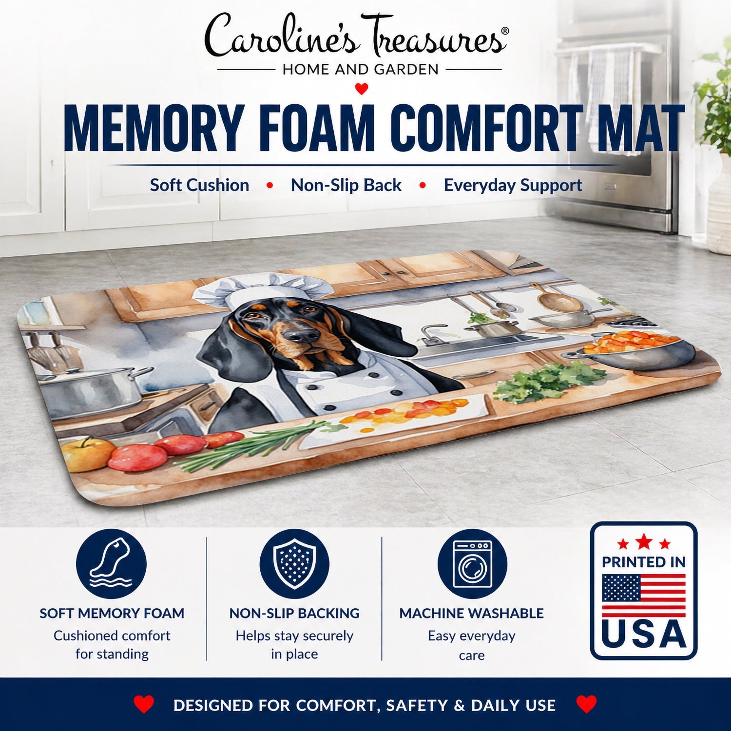 Black and Tan Coonhound The Chef Memory Foam Kitchen Mat Machine Washable Anti-Fatigue Cushion Comfort Bath or Kitchen Rug