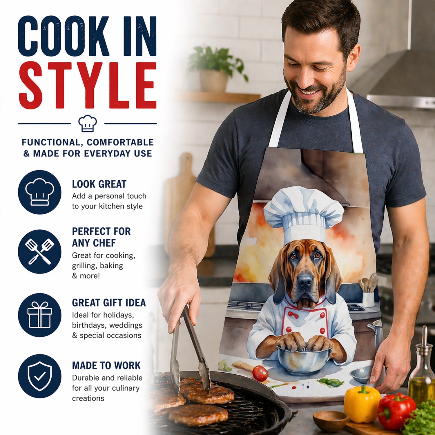 Bloodhound The Chef Apron Cooking Kitchen Server Baking Crafts Gardening for Adult Women Men, Unisex, Large, Multicolor
