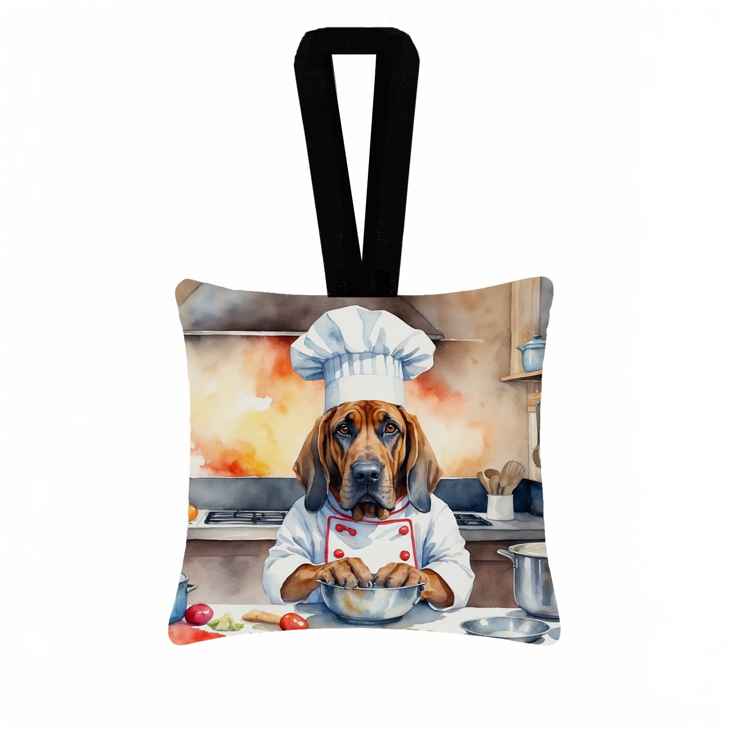 Bloodhound The Chef Hanging Square Fabric Ornament 3.5 × 3.5 Decorative Door-Knob & Tree Hanger, Soft Fabric