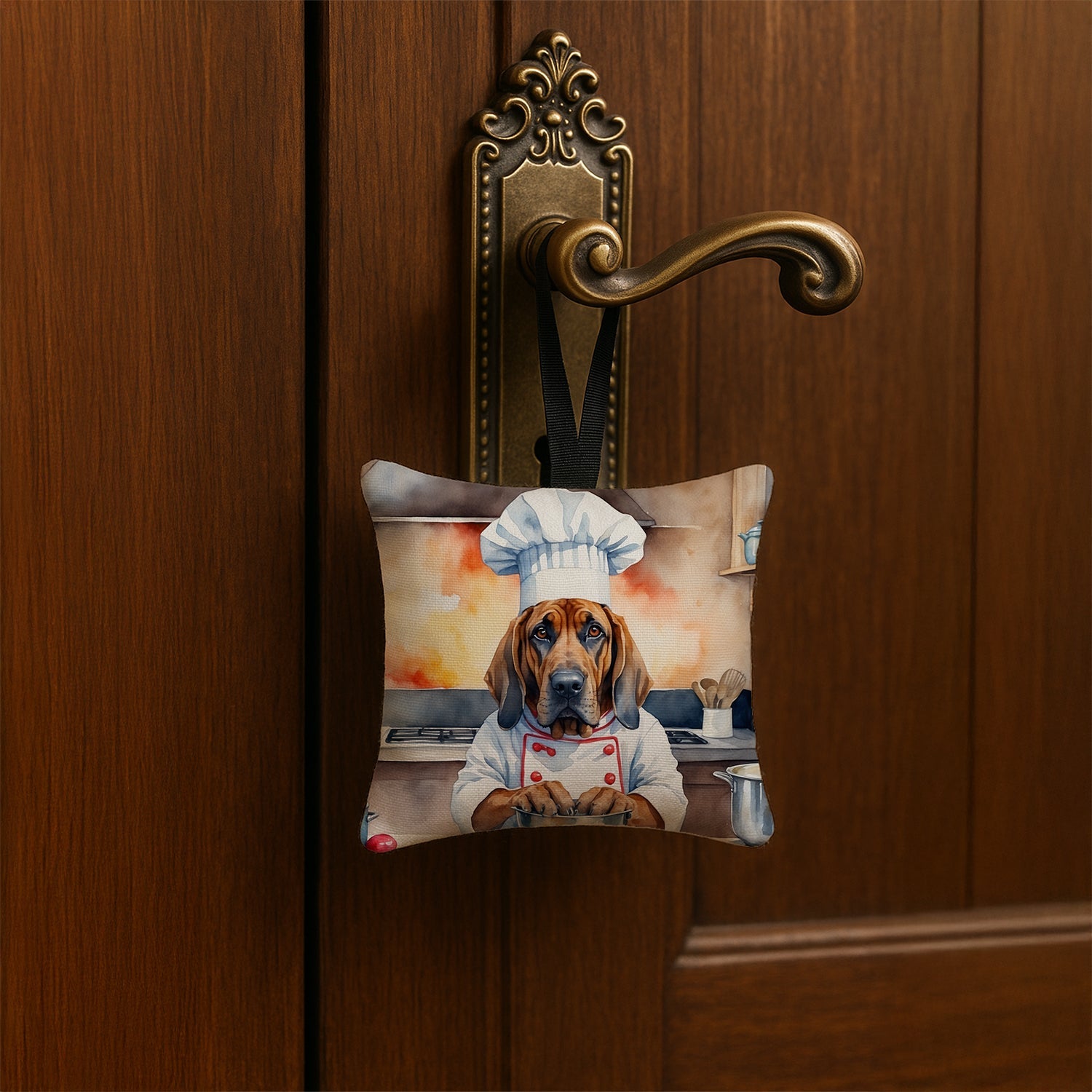 Bloodhound The Chef Hanging Square Fabric Ornament 3.5 × 3.5 Decorative Door-Knob & Tree Hanger, Soft Fabric