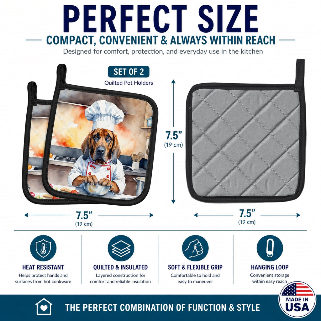 Bloodhound The Chef Pot Holder Set of 2 Heat Resistant Quilted Hot Pads 7.5 x 7.5 Inch, Insulated Kitchen Trivets for Cooking & Baking