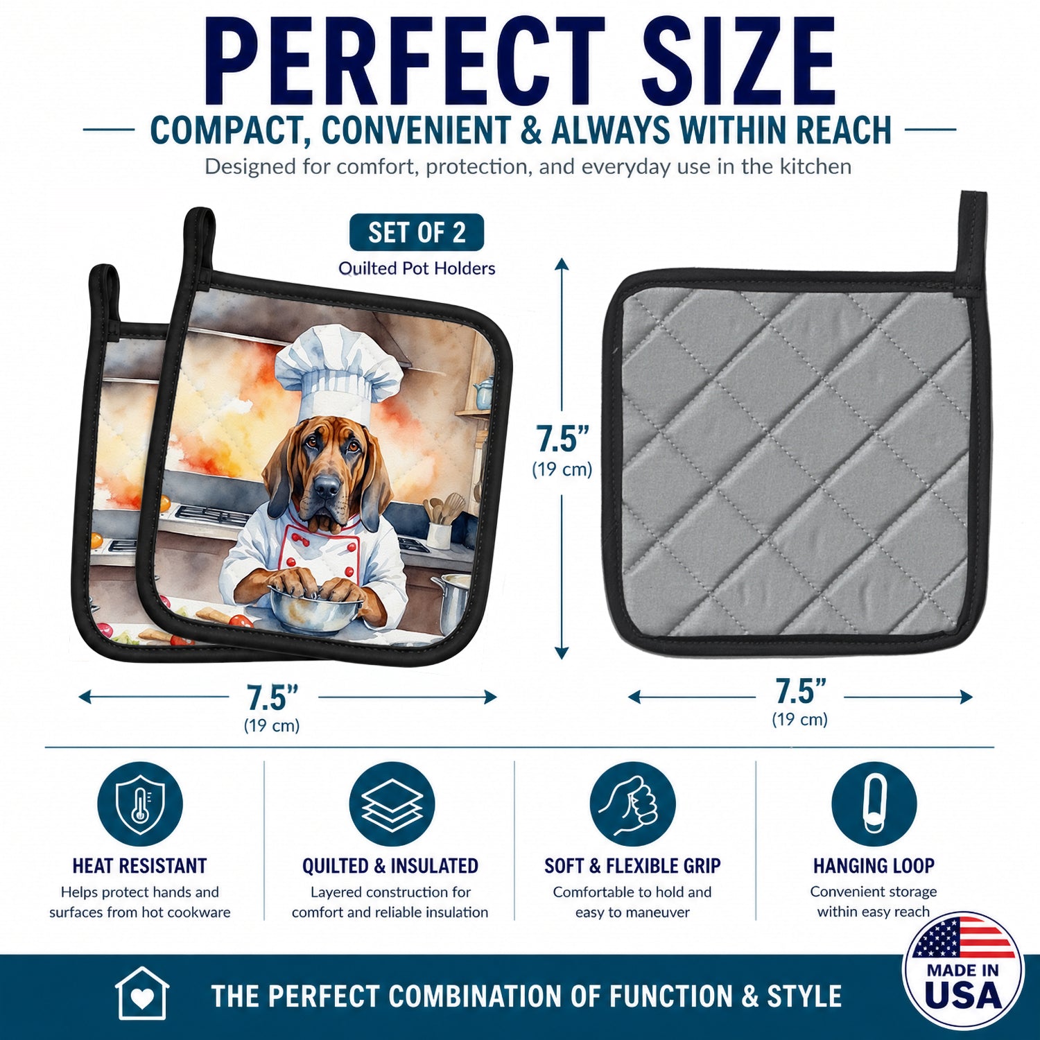 Bloodhound The Chef Pot Holder Set of 2 Heat Resistant Quilted Hot Pads 7.5 x 7.5 Inch, Insulated Kitchen Trivets for Cooking & Baking