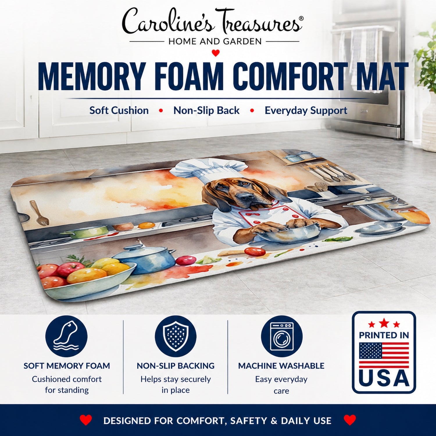 Bloodhound The Chef Memory Foam Kitchen Mat Machine Washable Anti-Fatigue Cushion Comfort Bath or Kitchen Rug