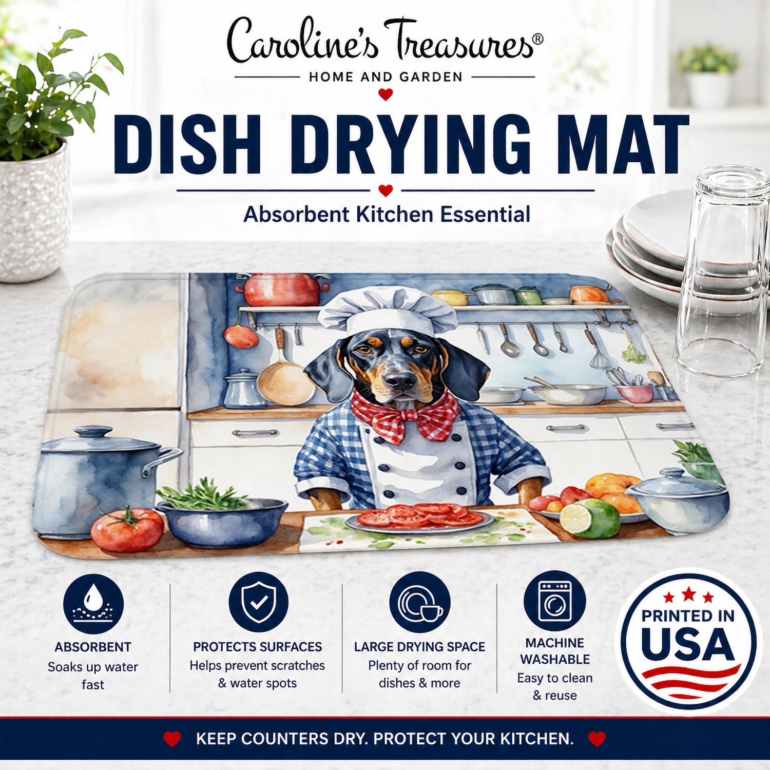 Bluetick Coonhound The Chef Dish Drying Mat Absorbent Dish Drying Mat Pad for Kitchen Counter Dish Drainer Mat for Countertop, 14 x 21", Multicolor