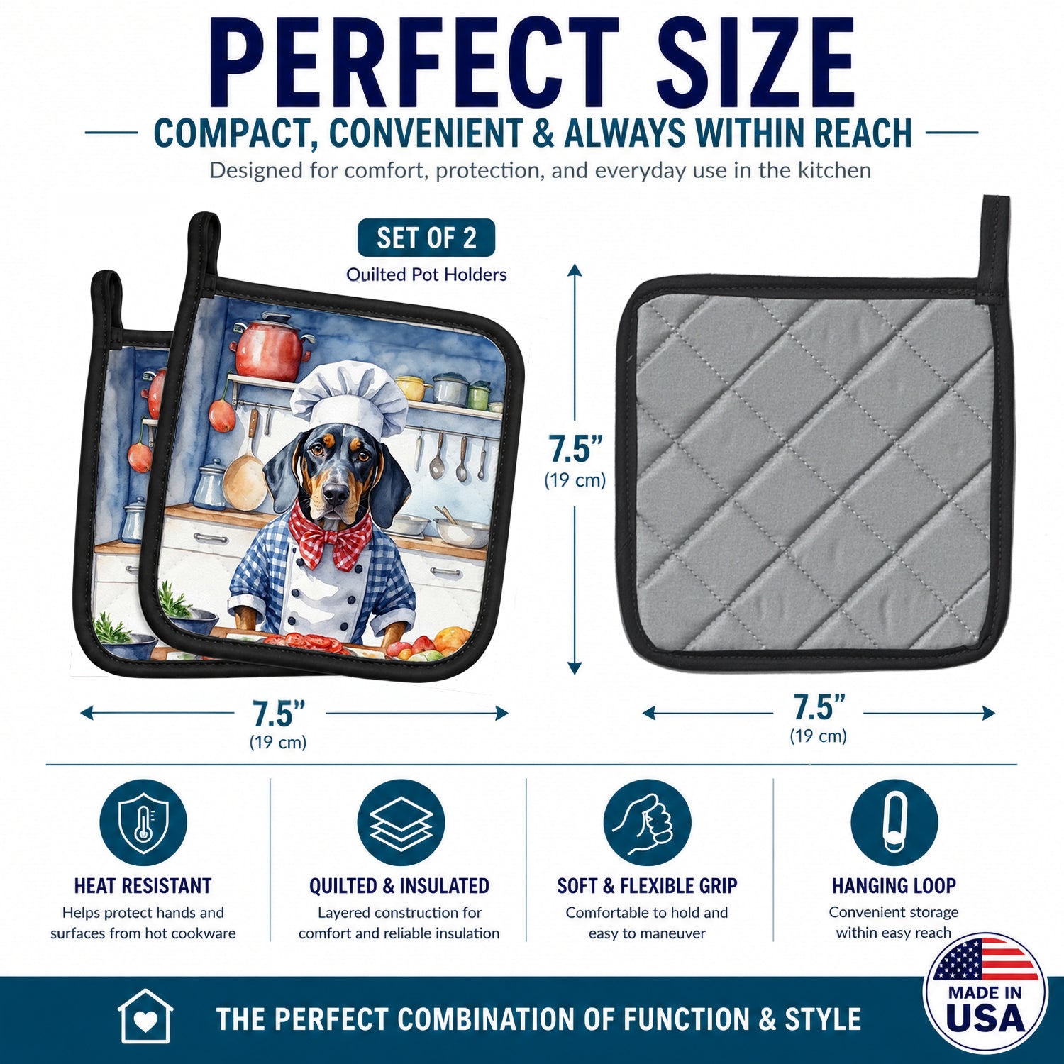Bluetick Coonhound The Chef Pot Holder Set of 2 Heat Resistant Quilted Hot Pads 7.5 x 7.5 Inch, Insulated Kitchen Trivets for Cooking & Baking