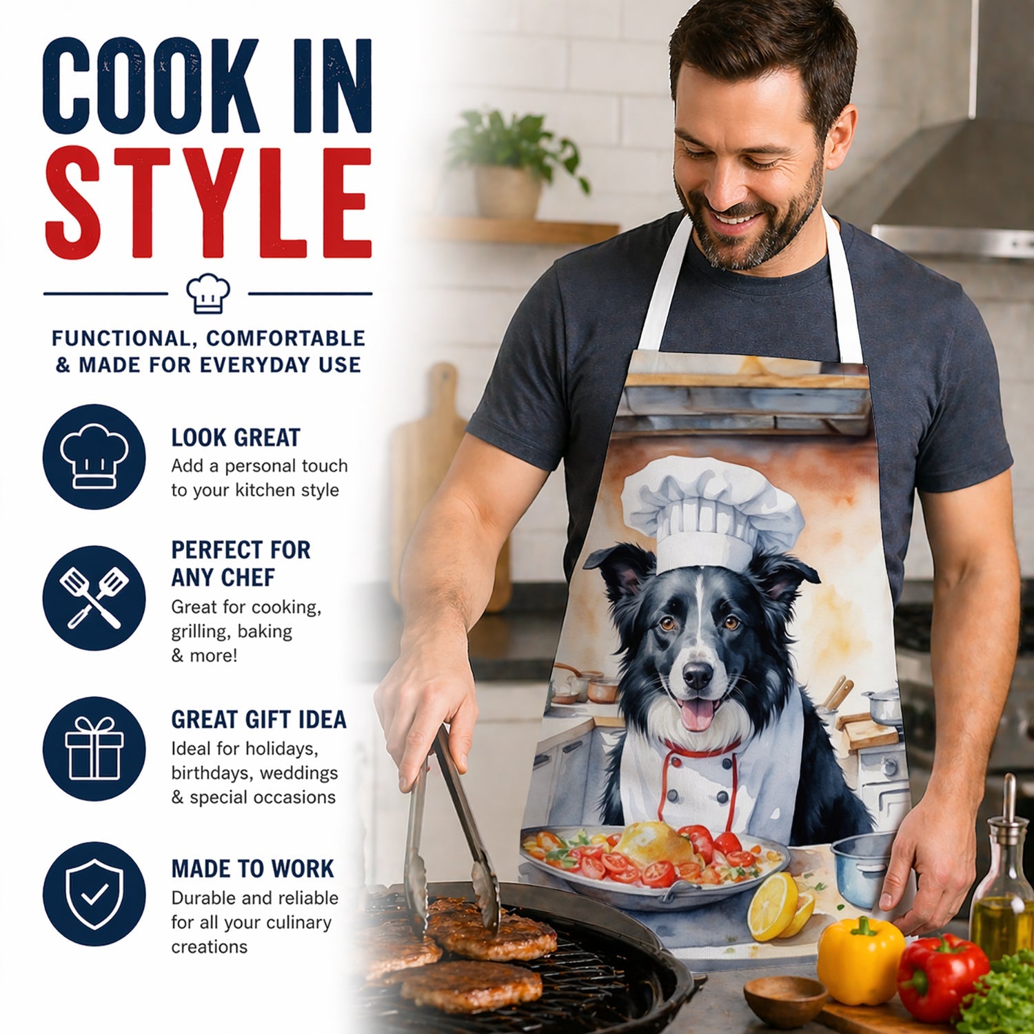 Border Collie The Chef Apron Cooking Kitchen Server Baking Crafts Gardening for Adult Women Men, Unisex, Large, Multicolor