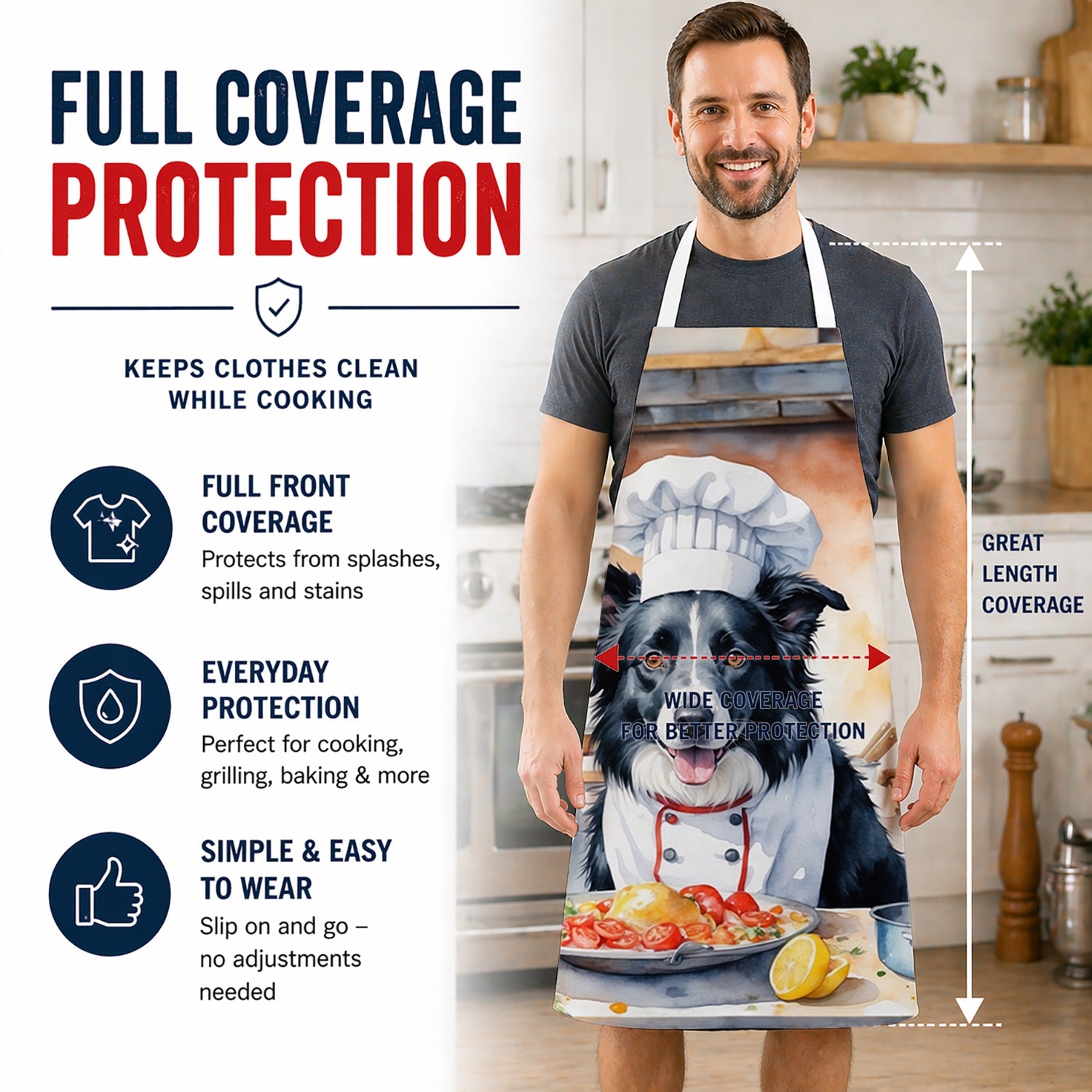 Border Collie The Chef Apron Cooking Kitchen Server Baking Crafts Gardening for Adult Women Men, Unisex, Large, Multicolor