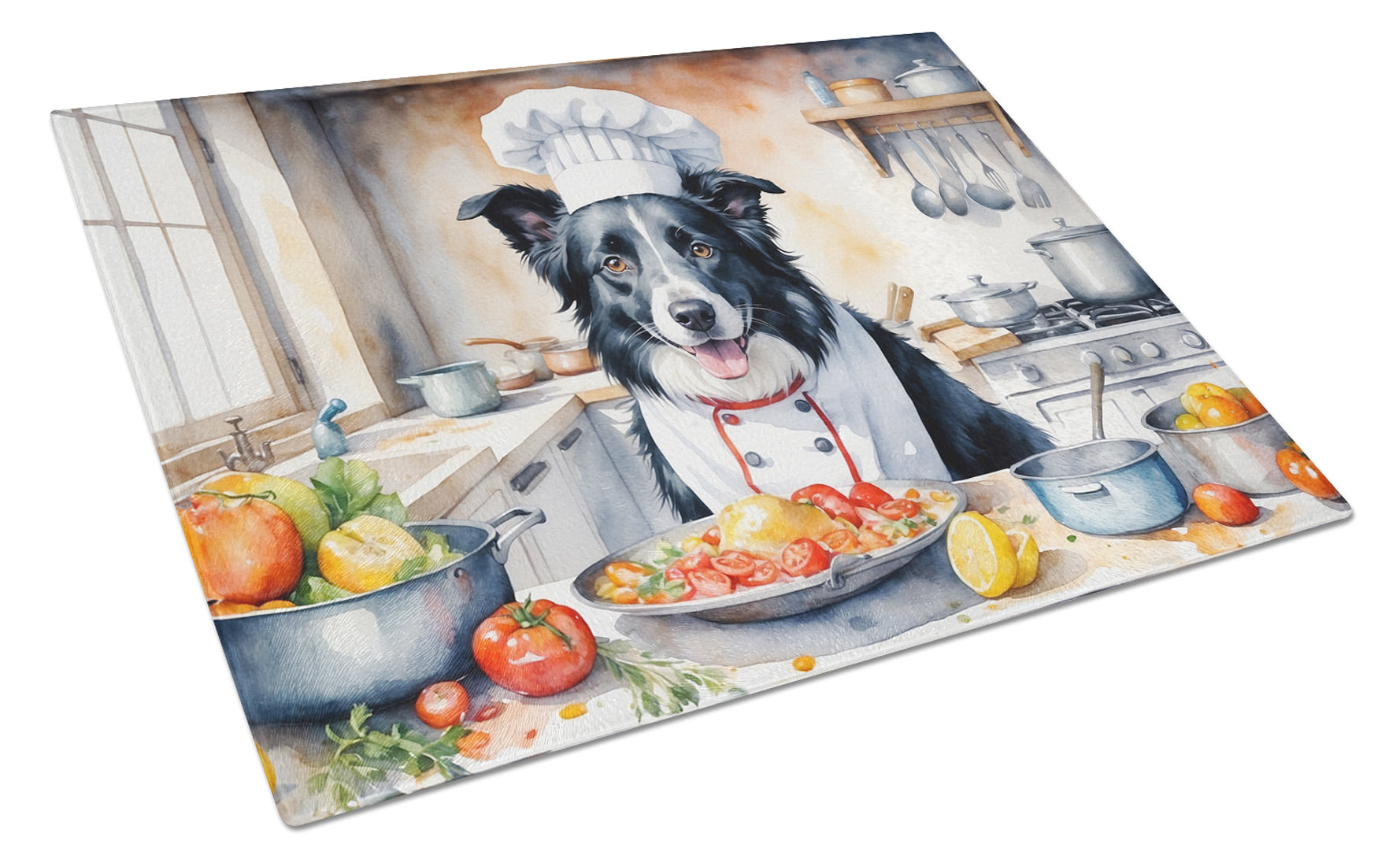 Border Collie The Chef Cutting Board Tempered Glass Kitchen Cutting Surface, Heat Resistant Chopping, Non-Slip Feet, Food Prep & Serving