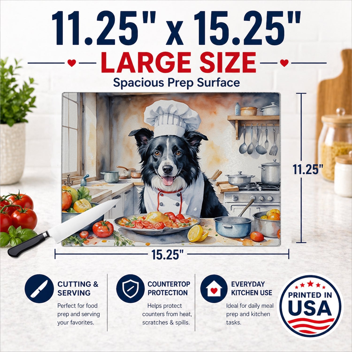 Border Collie The Chef Cutting Board Tempered Glass Kitchen Cutting Surface, Heat Resistant Chopping, Non-Slip Feet, Food Prep & Serving