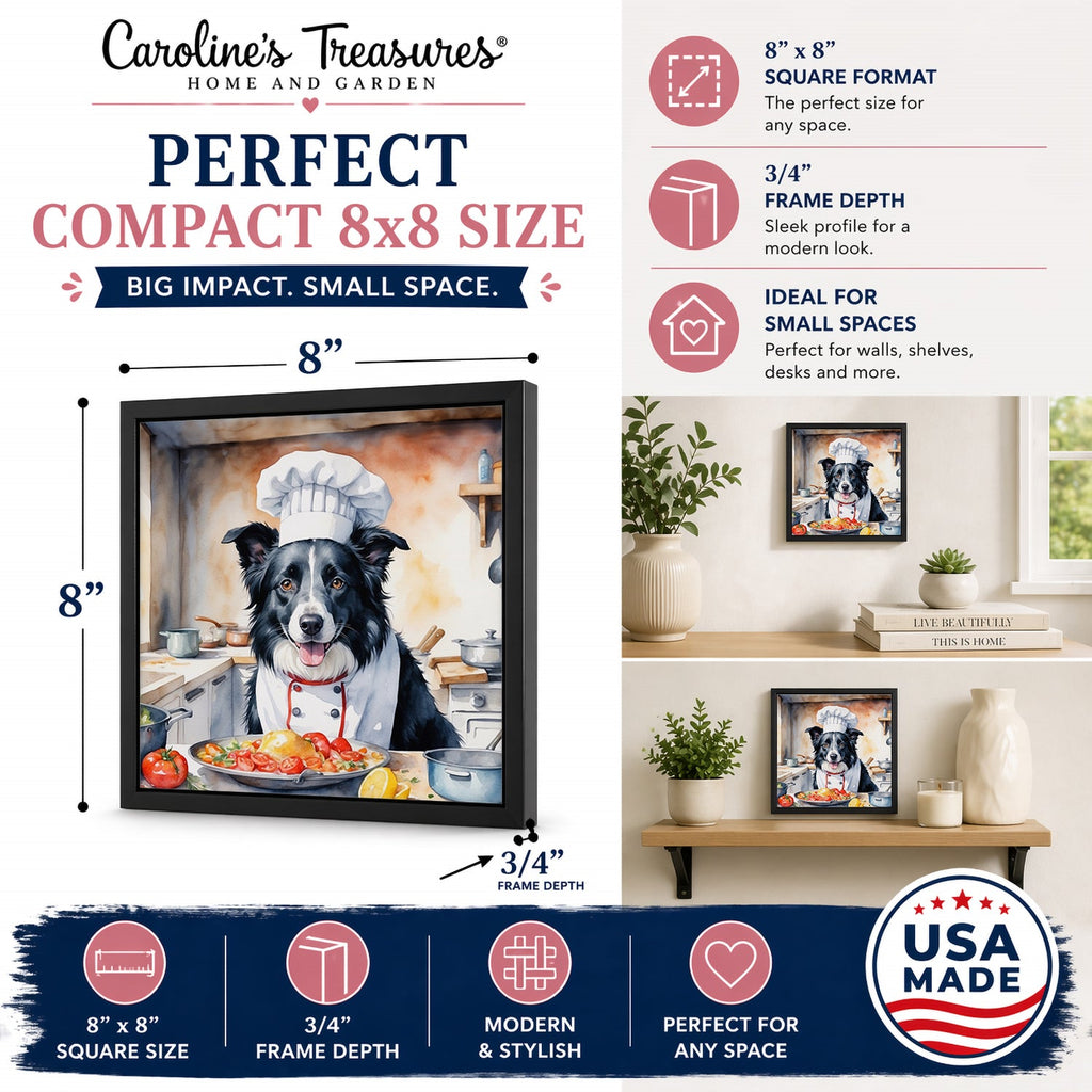 Border Collie The Chef Framed Metal Print Bathroom, Kitchen, Office, Home Decor Wall Art Ready to Hang, Square, 8X8