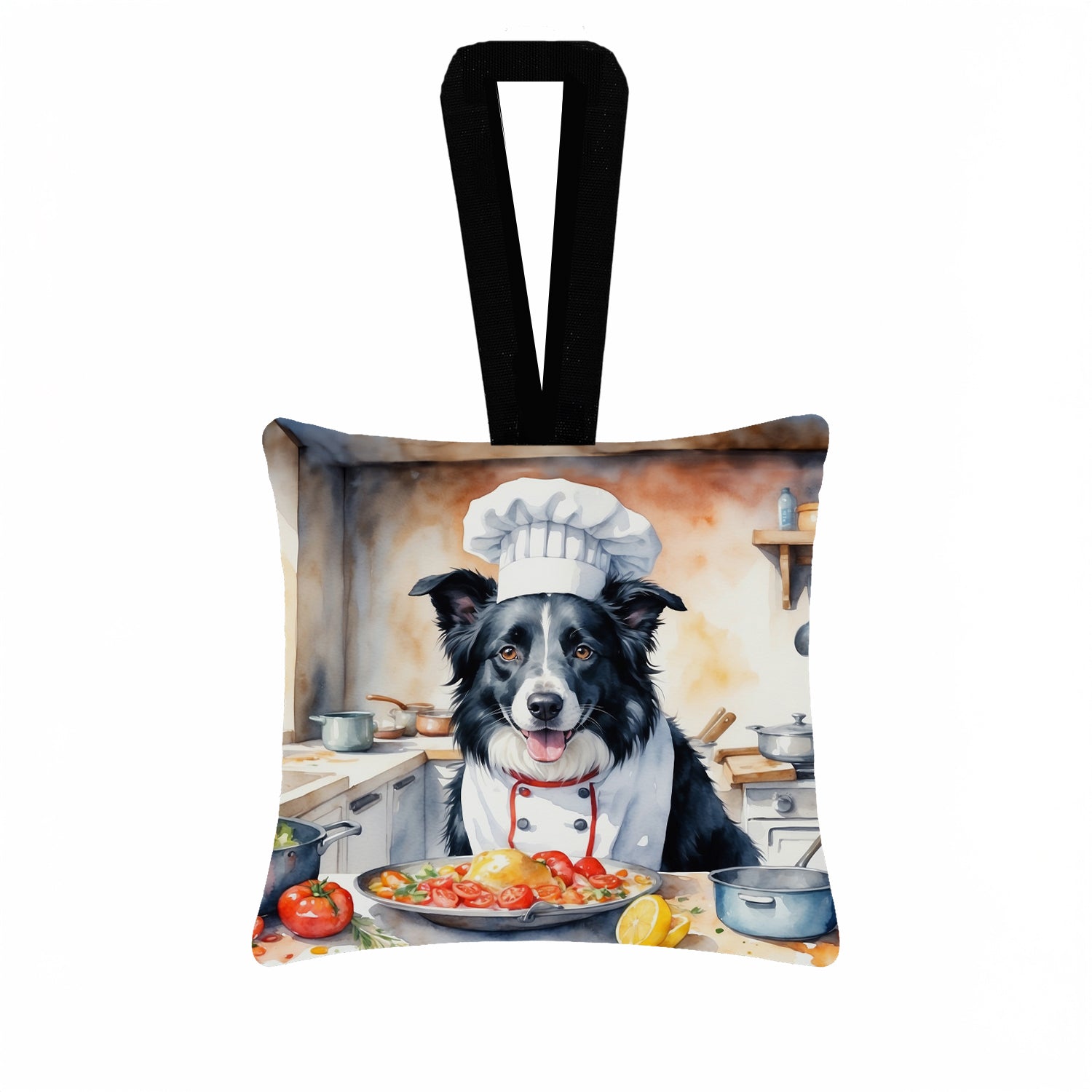 Border Collie The Chef Hanging Square Fabric Ornament 3.5 × 3.5 Decorative Door-Knob & Tree Hanger, Soft Fabric
