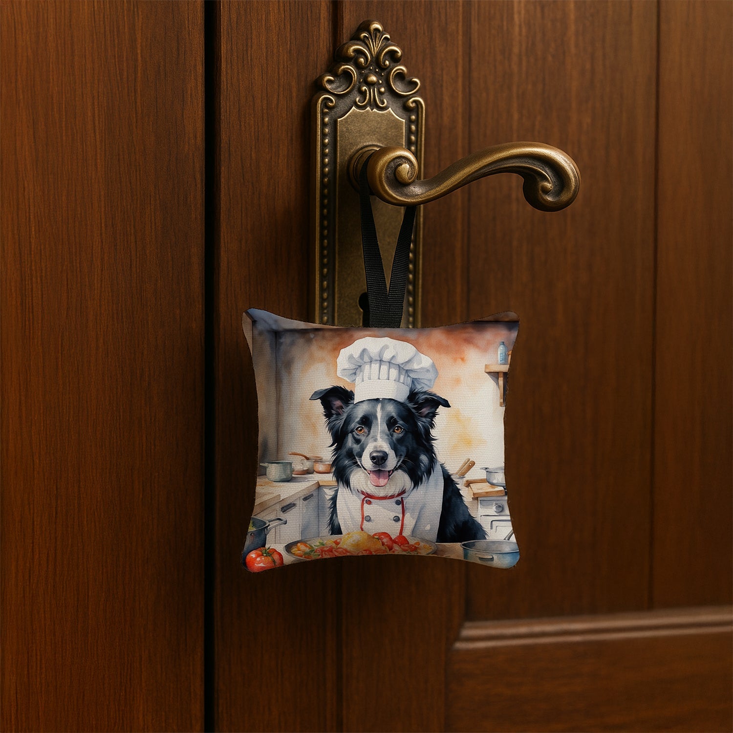 Border Collie The Chef Hanging Square Fabric Ornament 3.5 × 3.5 Decorative Door-Knob & Tree Hanger, Soft Fabric