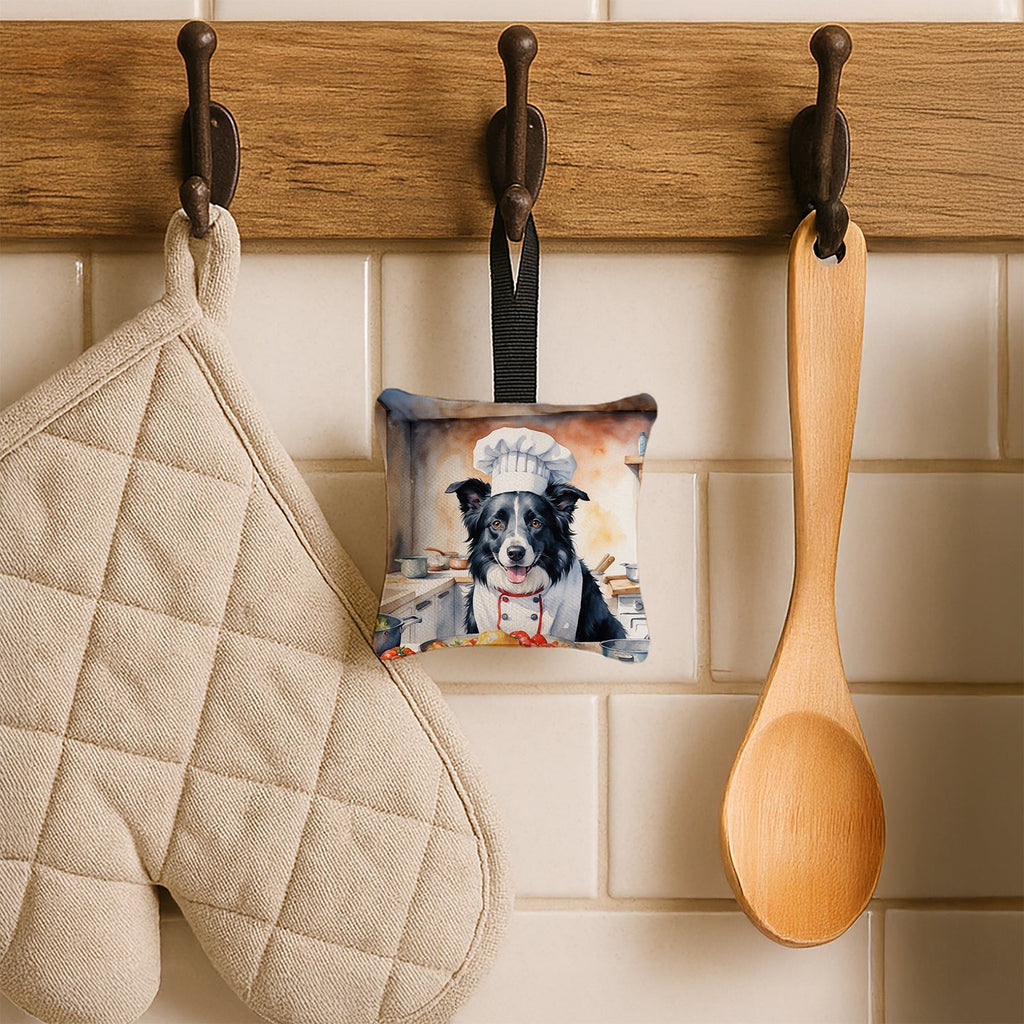 Border Collie The Chef Hanging Square Fabric Ornament 3.5 × 3.5 Decorative Door-Knob & Tree Hanger, Soft Fabric