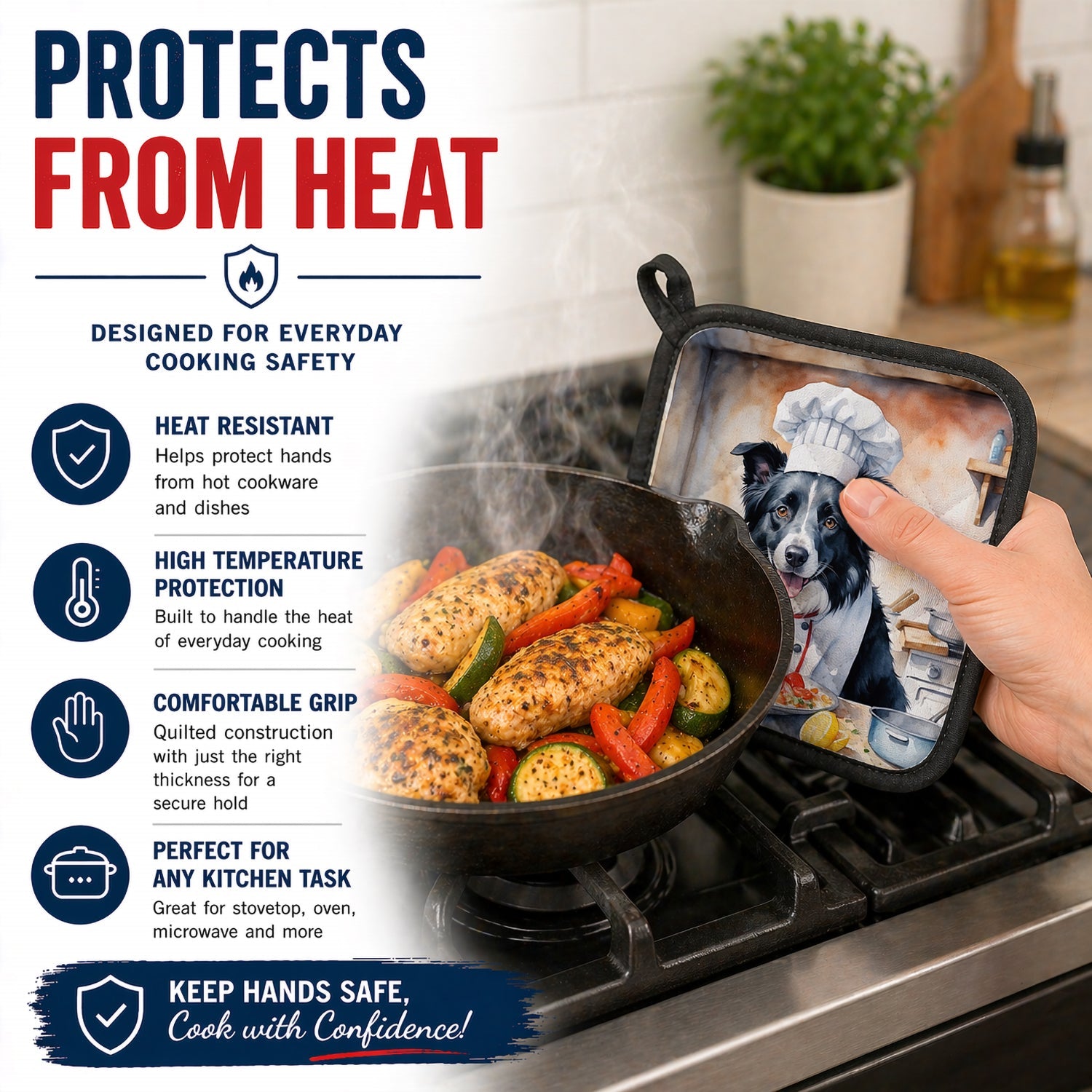 Border Collie The Chef Pot Holder Set of 2 Heat Resistant Quilted Hot Pads 7.5 x 7.5 Inch, Insulated Kitchen Trivets for Cooking & Baking