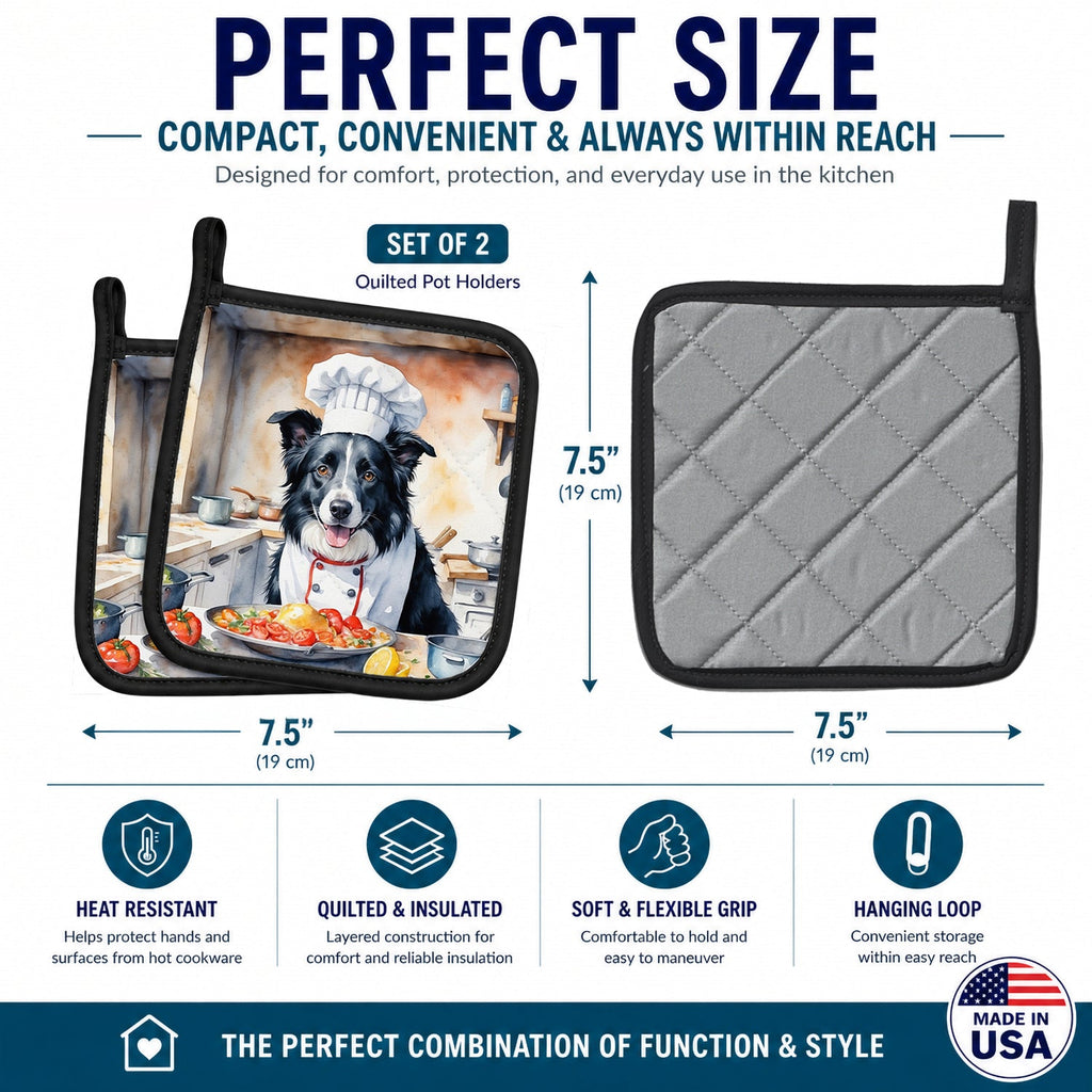 Border Collie The Chef Pot Holder Set of 2 Heat Resistant Quilted Hot Pads 7.5 x 7.5 Inch, Insulated Kitchen Trivets for Cooking & Baking