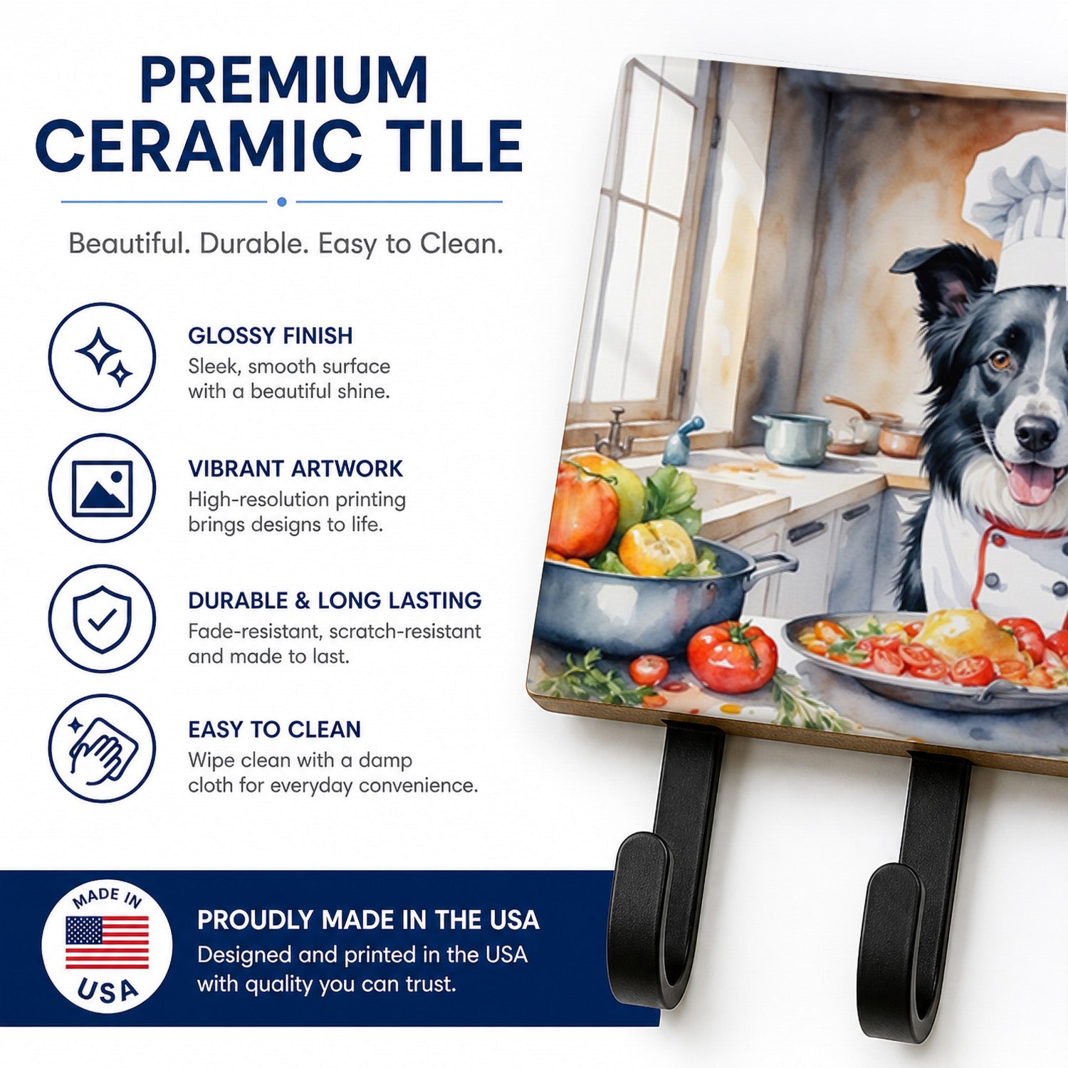 Border Collie The Chef Leash or Key Holder Wall Hooks, Coat Rack Wall Mount, for Hanging Keys, Towels, Aprons, Leashes