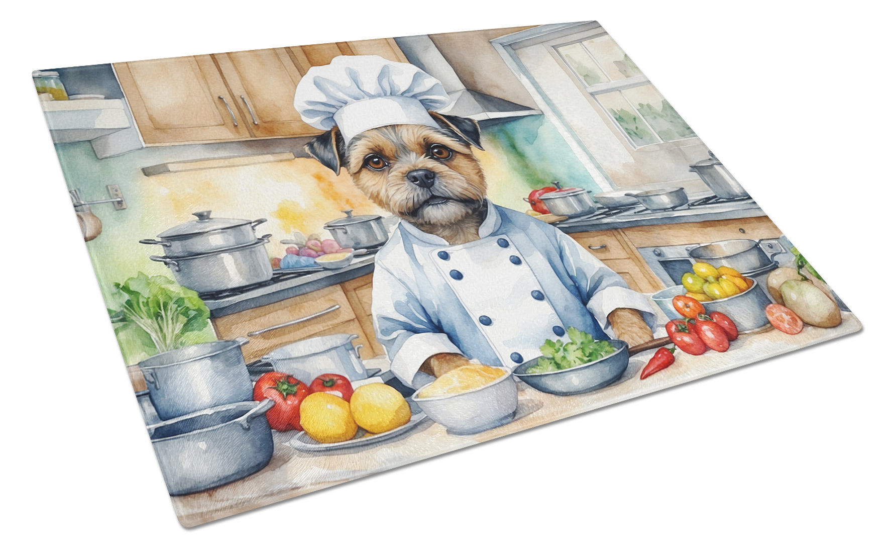 Border Terrier The Chef Cutting Board Tempered Glass Kitchen Cutting Surface, Heat Resistant Chopping, Non-Slip Feet, Food Prep & Serving