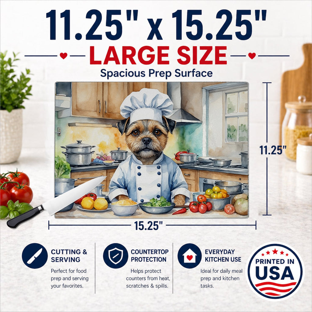 Border Terrier The Chef Cutting Board Tempered Glass Kitchen Cutting Surface, Heat Resistant Chopping, Non-Slip Feet, Food Prep & Serving