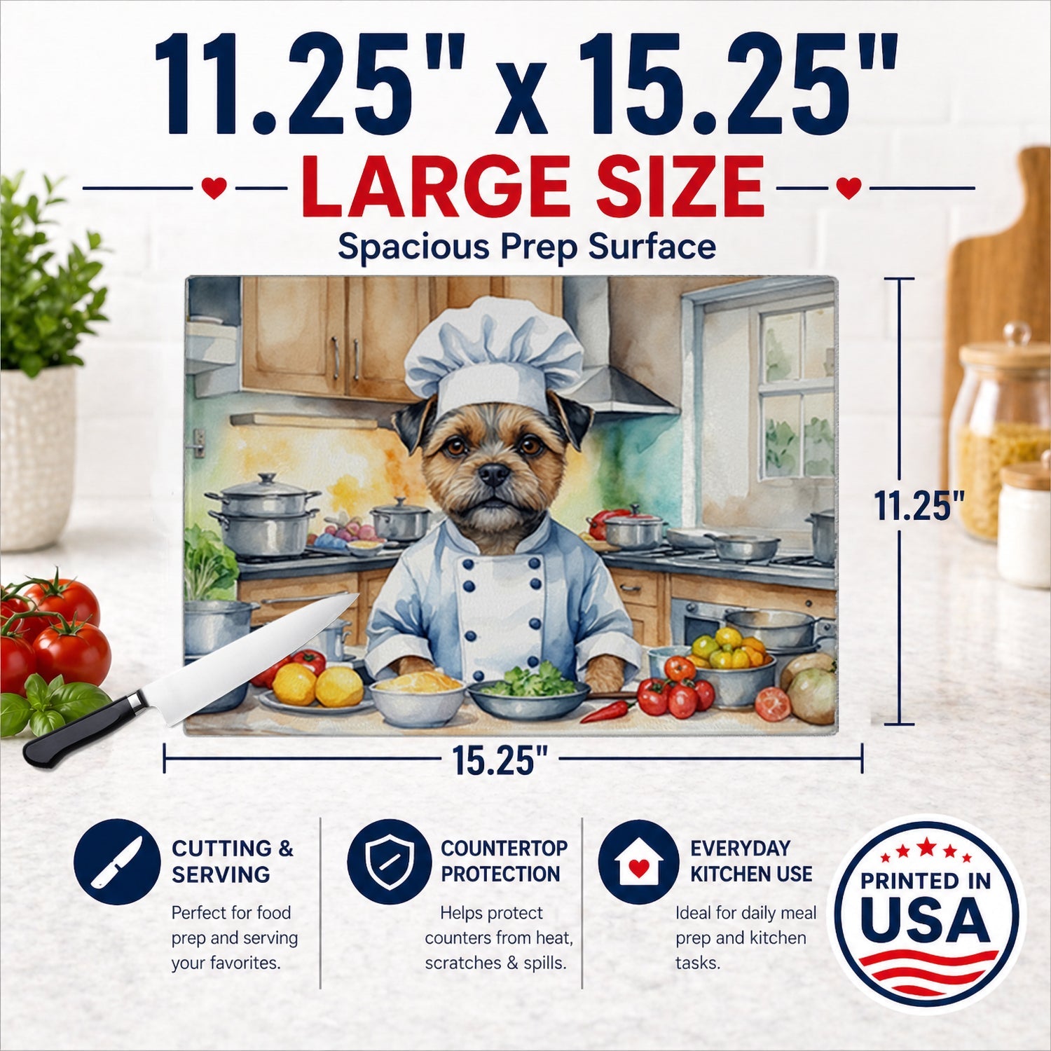 Border Terrier The Chef Cutting Board Tempered Glass Kitchen Cutting Surface, Heat Resistant Chopping, Non-Slip Feet, Food Prep & Serving