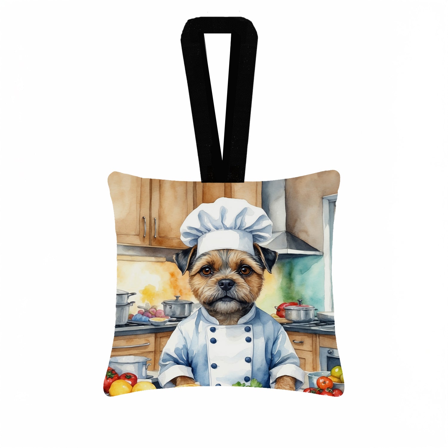 Border Terrier The Chef Hanging Square Fabric Ornament 3.5 × 3.5 Decorative Door-Knob & Tree Hanger, Soft Fabric