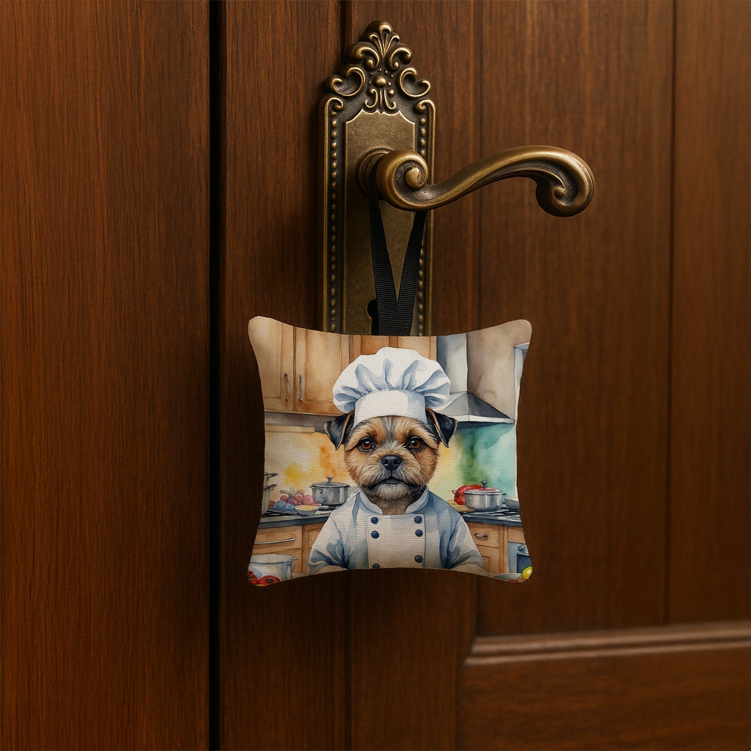 Border Terrier The Chef Hanging Square Fabric Ornament 3.5 × 3.5 Decorative Door-Knob & Tree Hanger, Soft Fabric