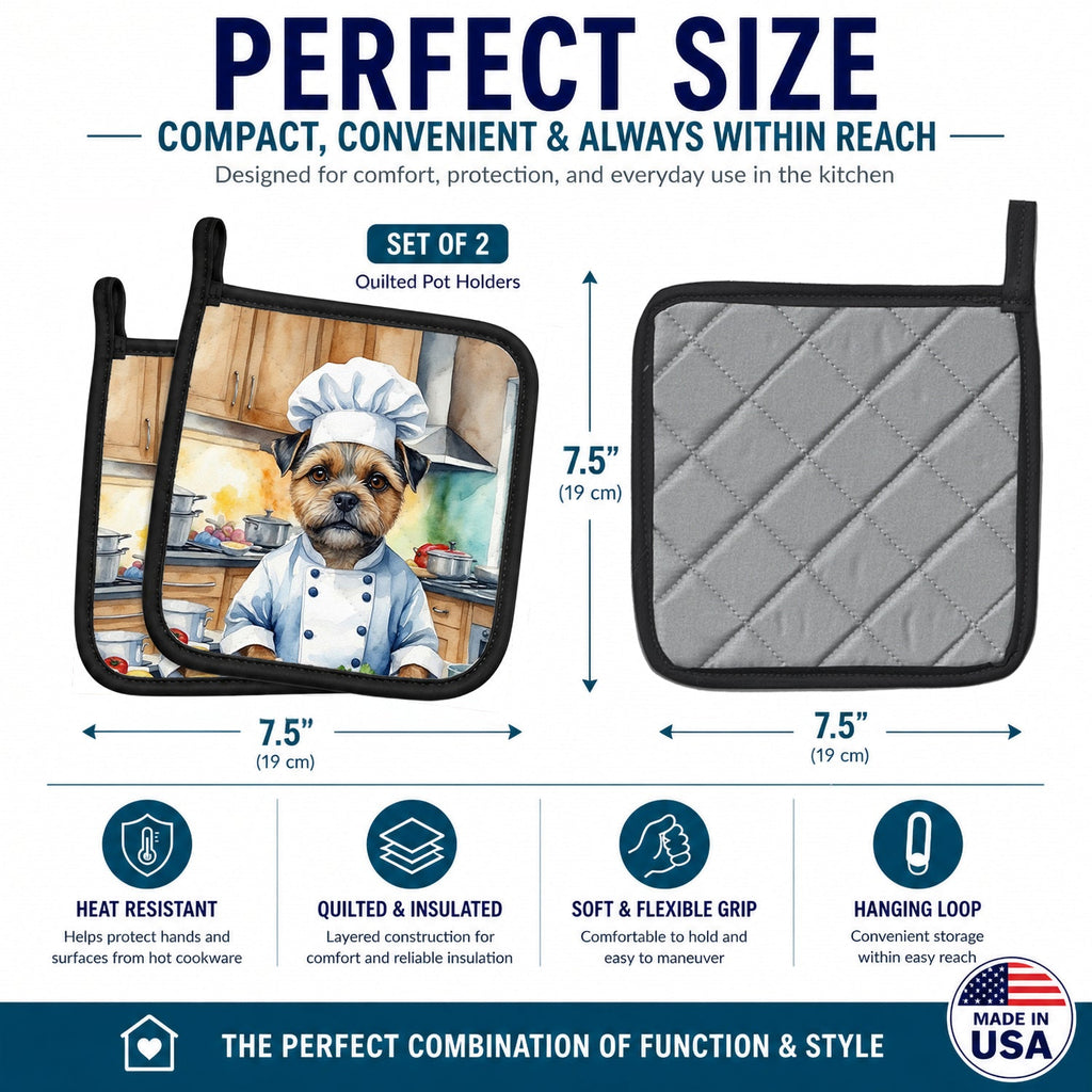 Border Terrier The Chef Pot Holder Set of 2 Heat Resistant Quilted Hot Pads 7.5 x 7.5 Inch, Insulated Kitchen Trivets for Cooking & Baking