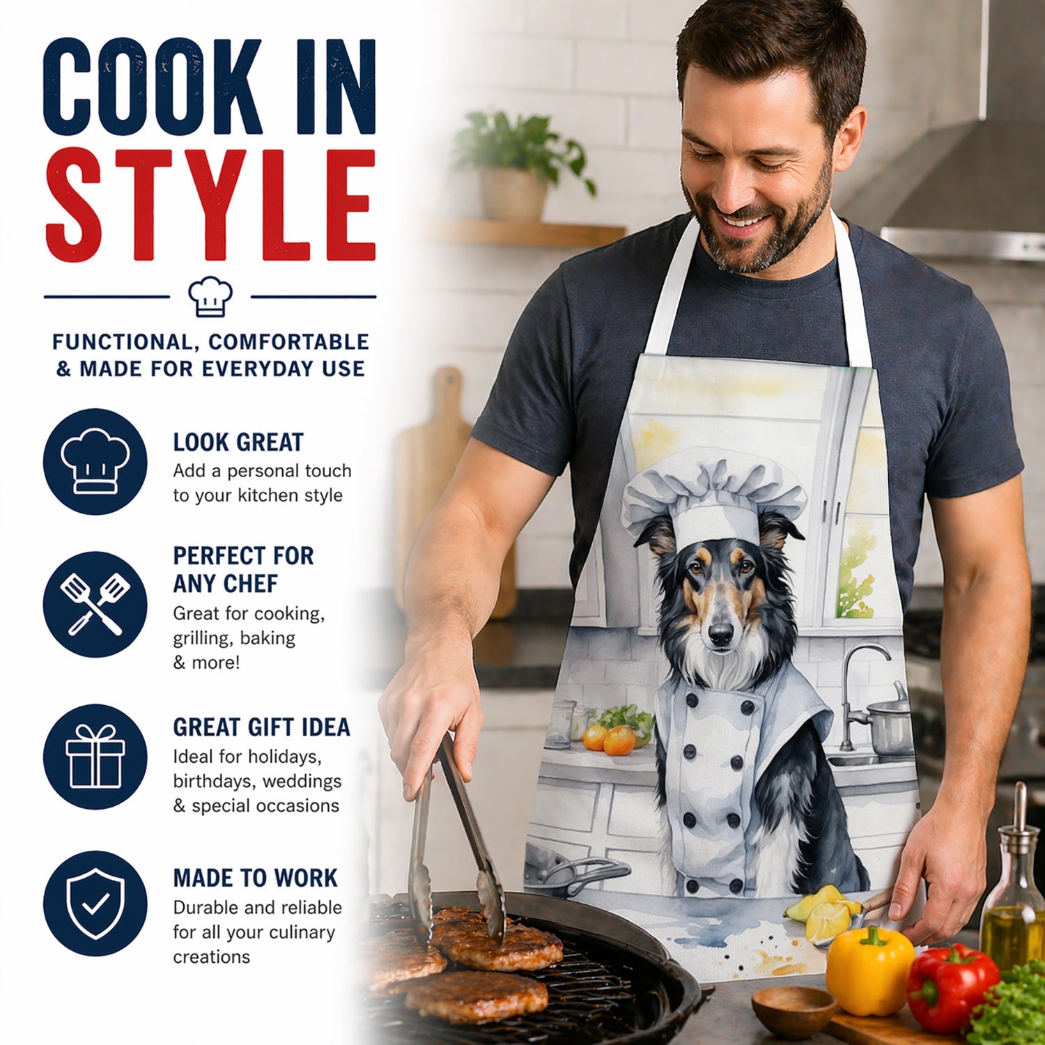 Borzoi The Chef Apron Cooking Kitchen Server Baking Crafts Gardening for Adult Women Men, Unisex, Large, Multicolor
