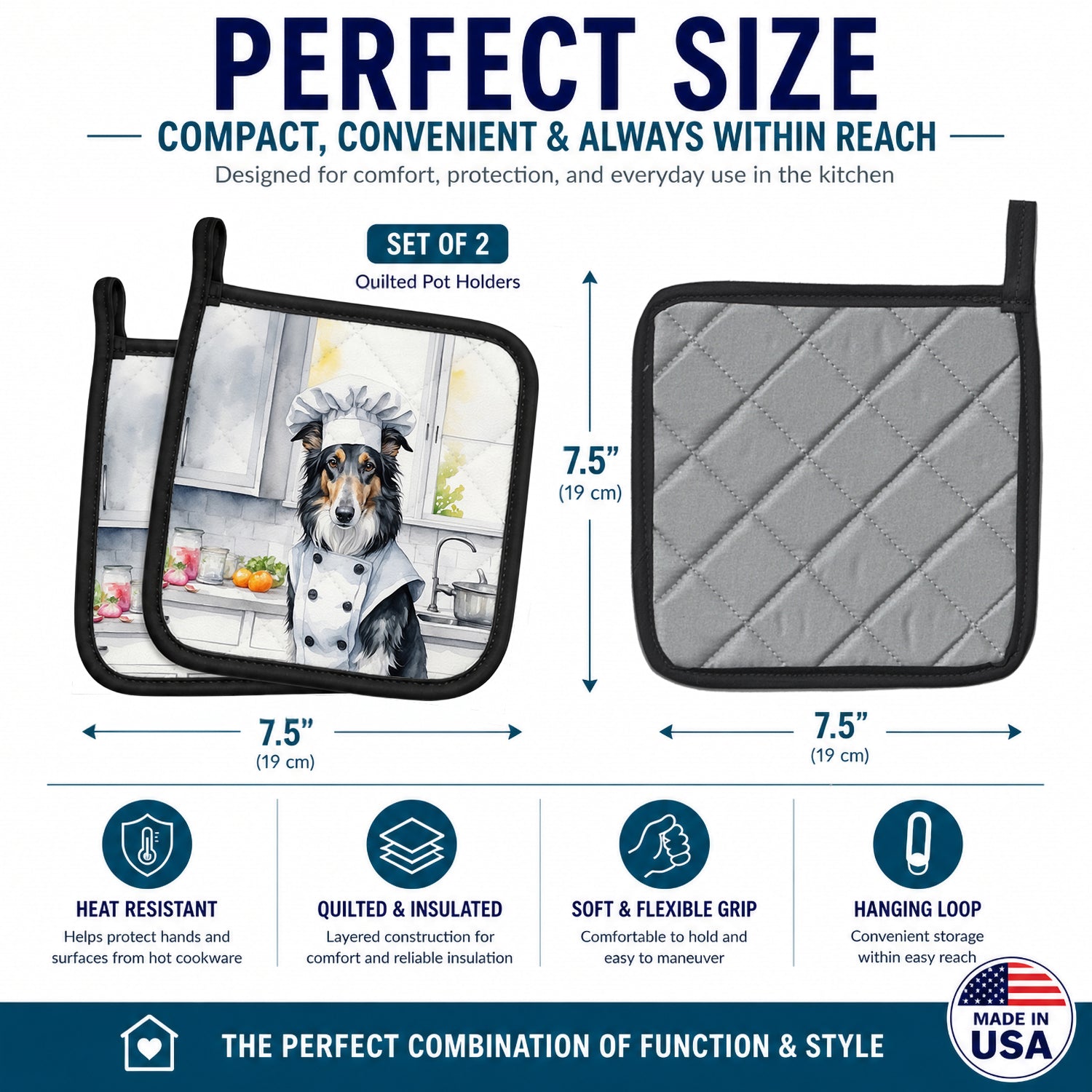 Borzoi The Chef Pot Holder Set of 2 Heat Resistant Quilted Hot Pads 7.5 x 7.5 Inch, Insulated Kitchen Trivets for Cooking & Baking