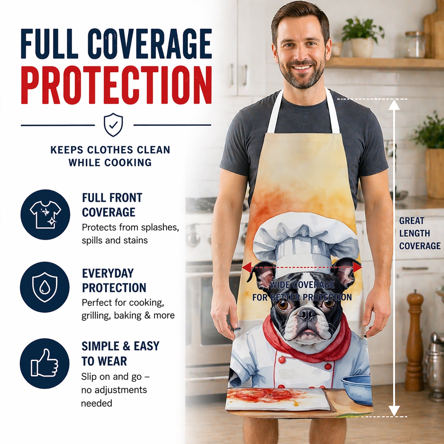 Boston Terrier The Chef Apron Cooking Kitchen Server Baking Crafts Gardening for Adult Women Men, Unisex, Large, Multicolor