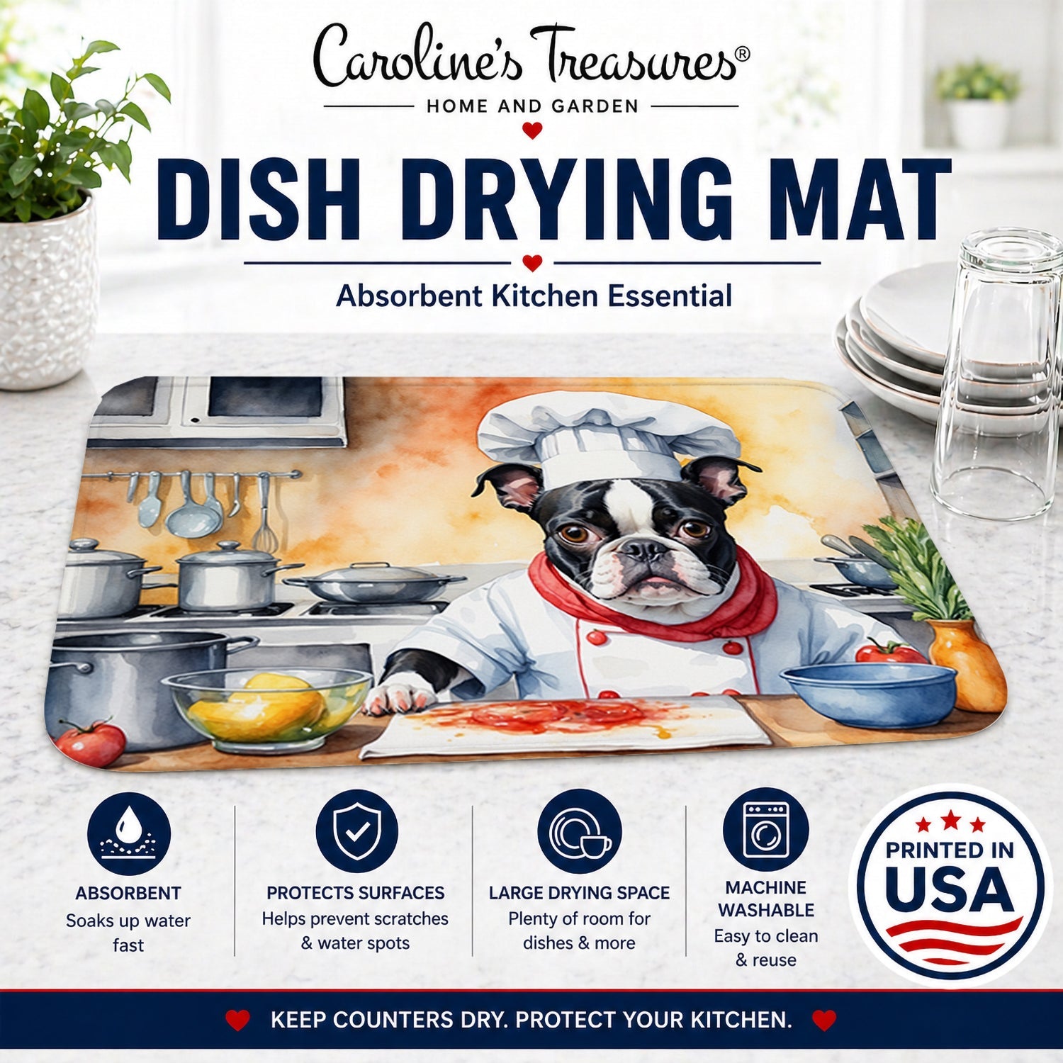 Boston Terrier The Chef Dish Drying Mat Absorbent Dish Drying Mat Pad for Kitchen Counter Dish Drainer Mat for Countertop, 14 x 21", Multicolor