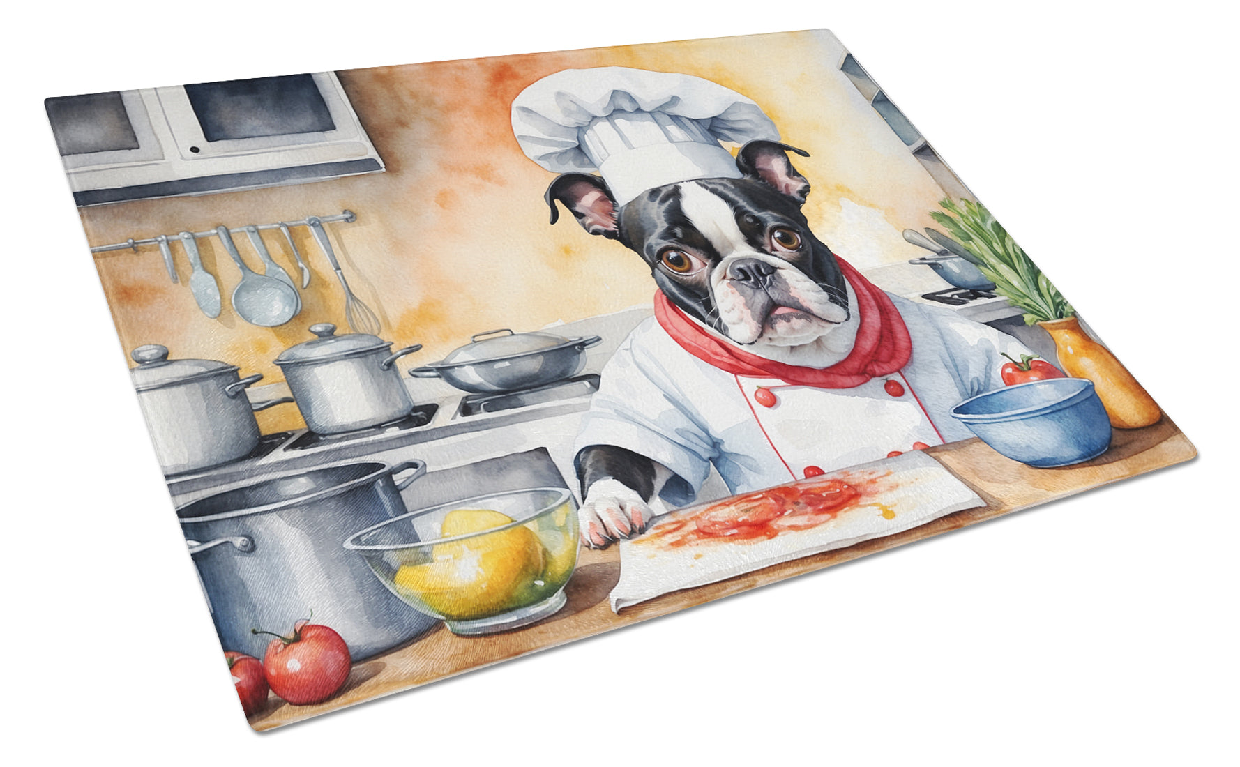 Boston Terrier The Chef Cutting Board Tempered Glass Kitchen Cutting Surface, Heat Resistant Chopping, Non-Slip Feet, Food Prep & Serving