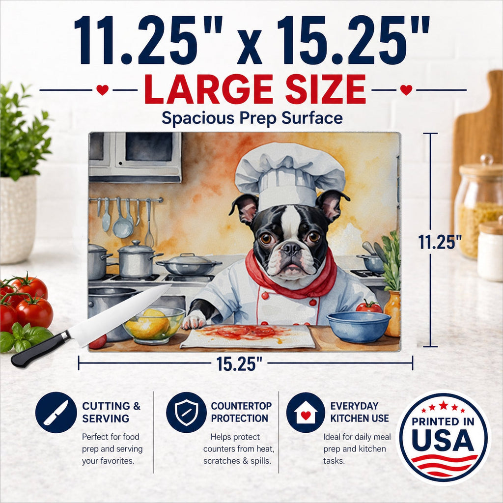 Boston Terrier The Chef Cutting Board Tempered Glass Kitchen Cutting Surface, Heat Resistant Chopping, Non-Slip Feet, Food Prep & Serving