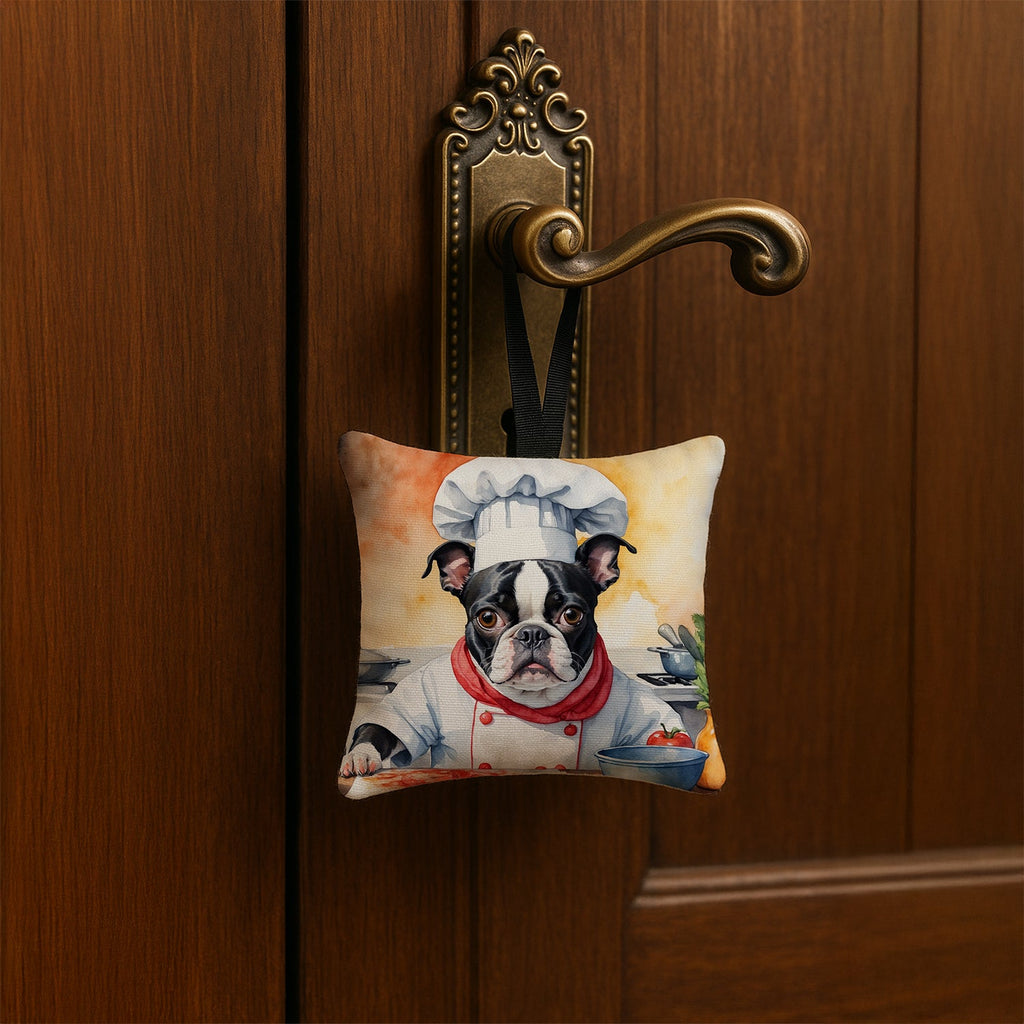 Boston Terrier The Chef Hanging Square Fabric Ornament 3.5 × 3.5 Decorative Door-Knob & Tree Hanger, Soft Fabric