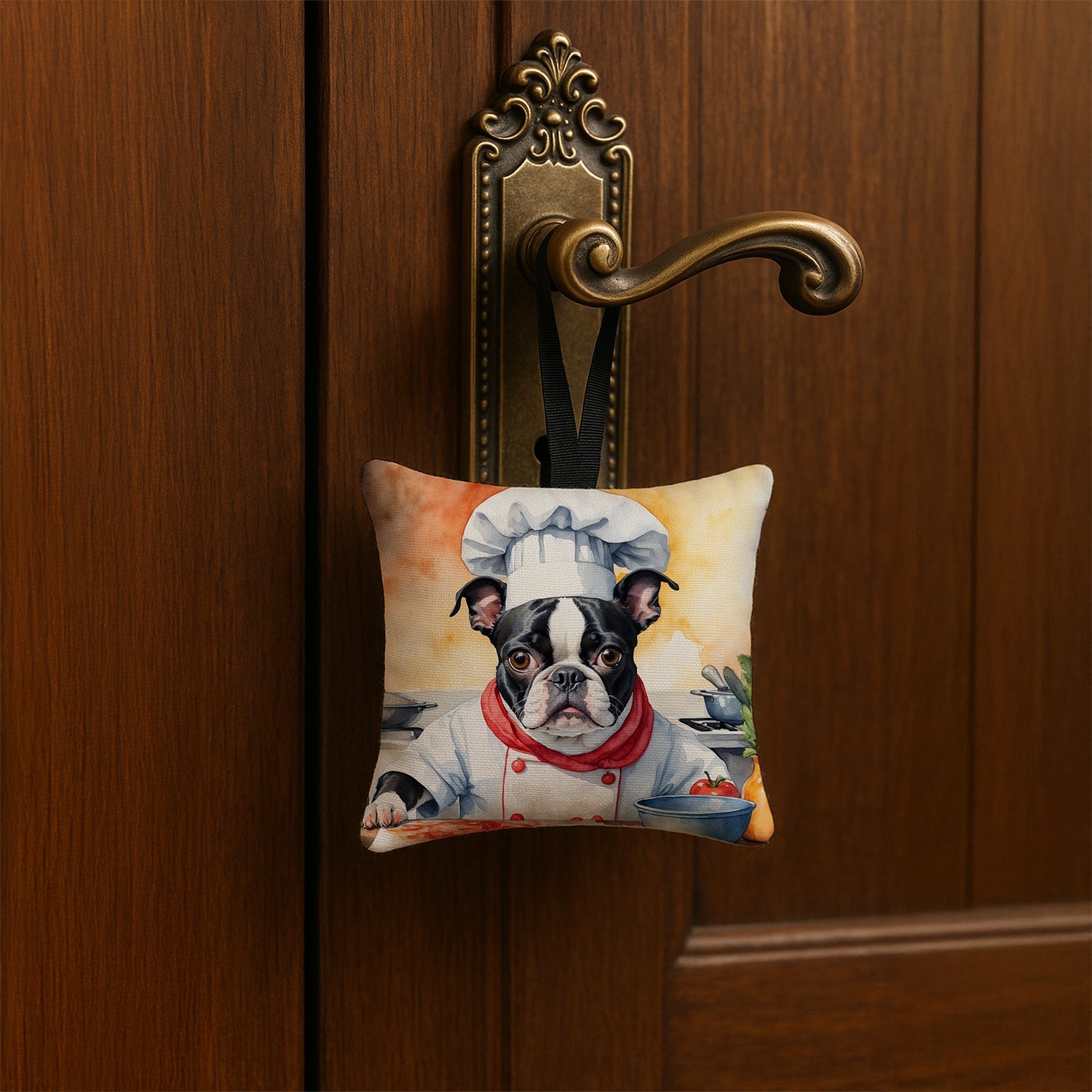 Boston Terrier The Chef Hanging Square Fabric Ornament 3.5 × 3.5 Decorative Door-Knob & Tree Hanger, Soft Fabric