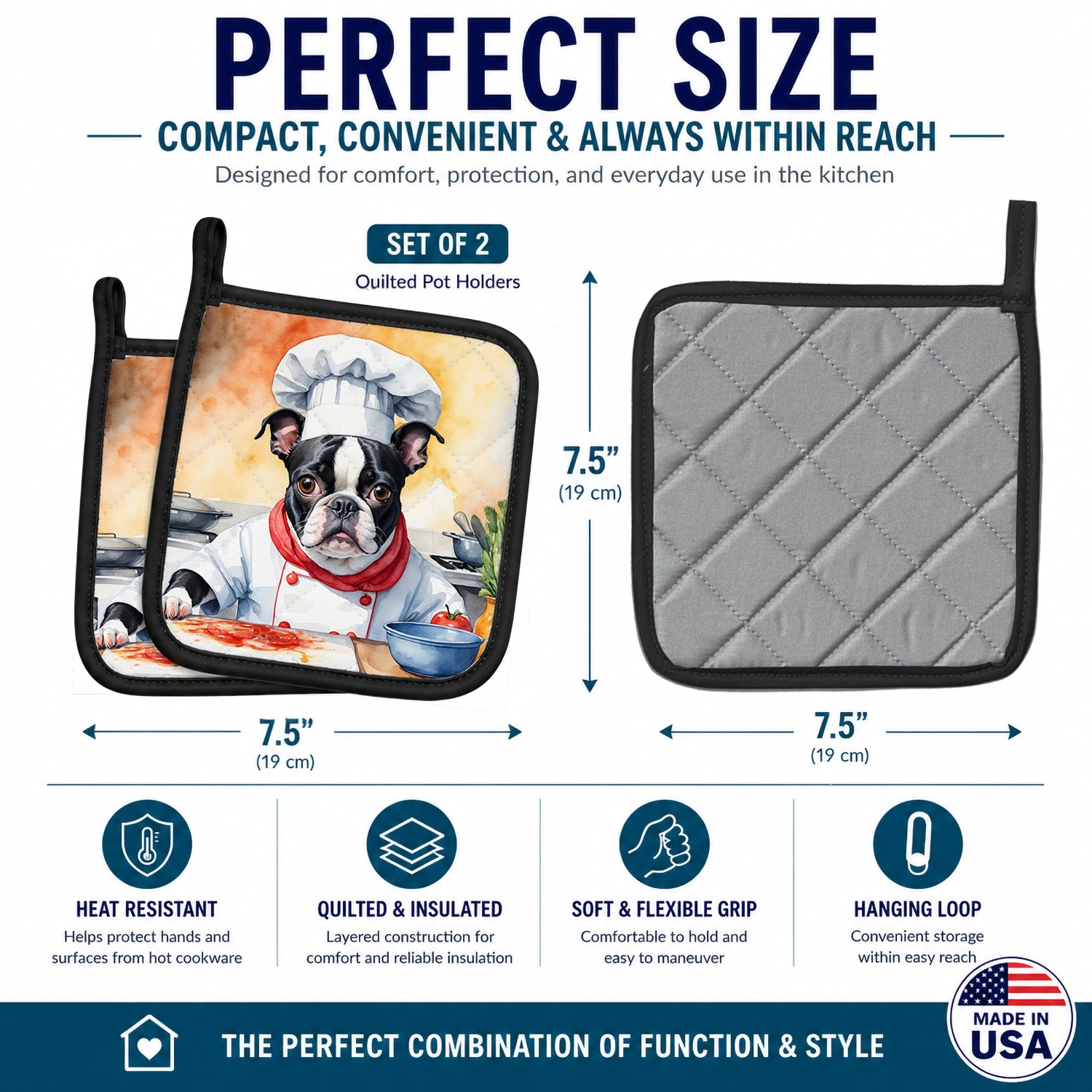Boston Terrier The Chef Pot Holder Set of 2 Heat Resistant Quilted Hot Pads 7.5 x 7.5 Inch, Insulated Kitchen Trivets for Cooking & Baking