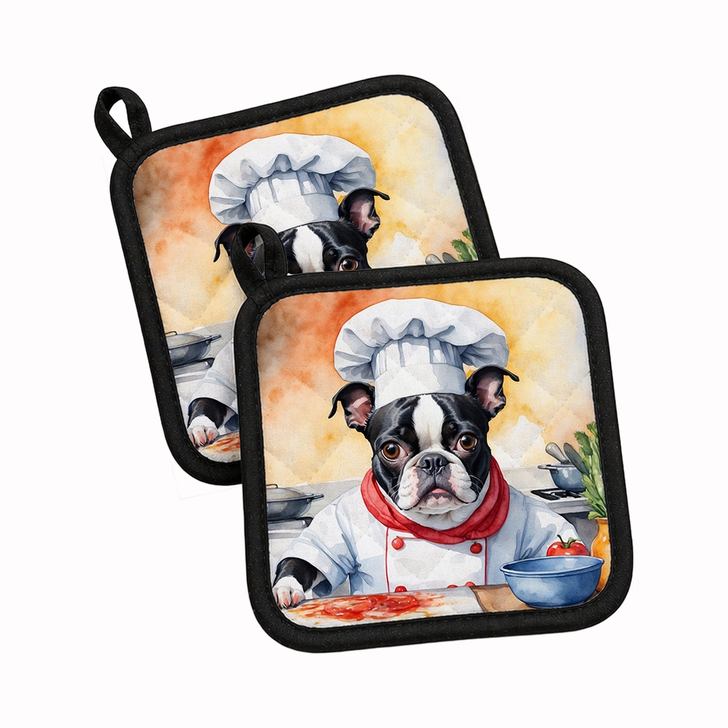 Boston Terrier The Chef Pot Holder Set of 2 Heat Resistant Quilted Hot Pads 7.5 x 7.5 Inch, Insulated Kitchen Trivets for Cooking & Baking