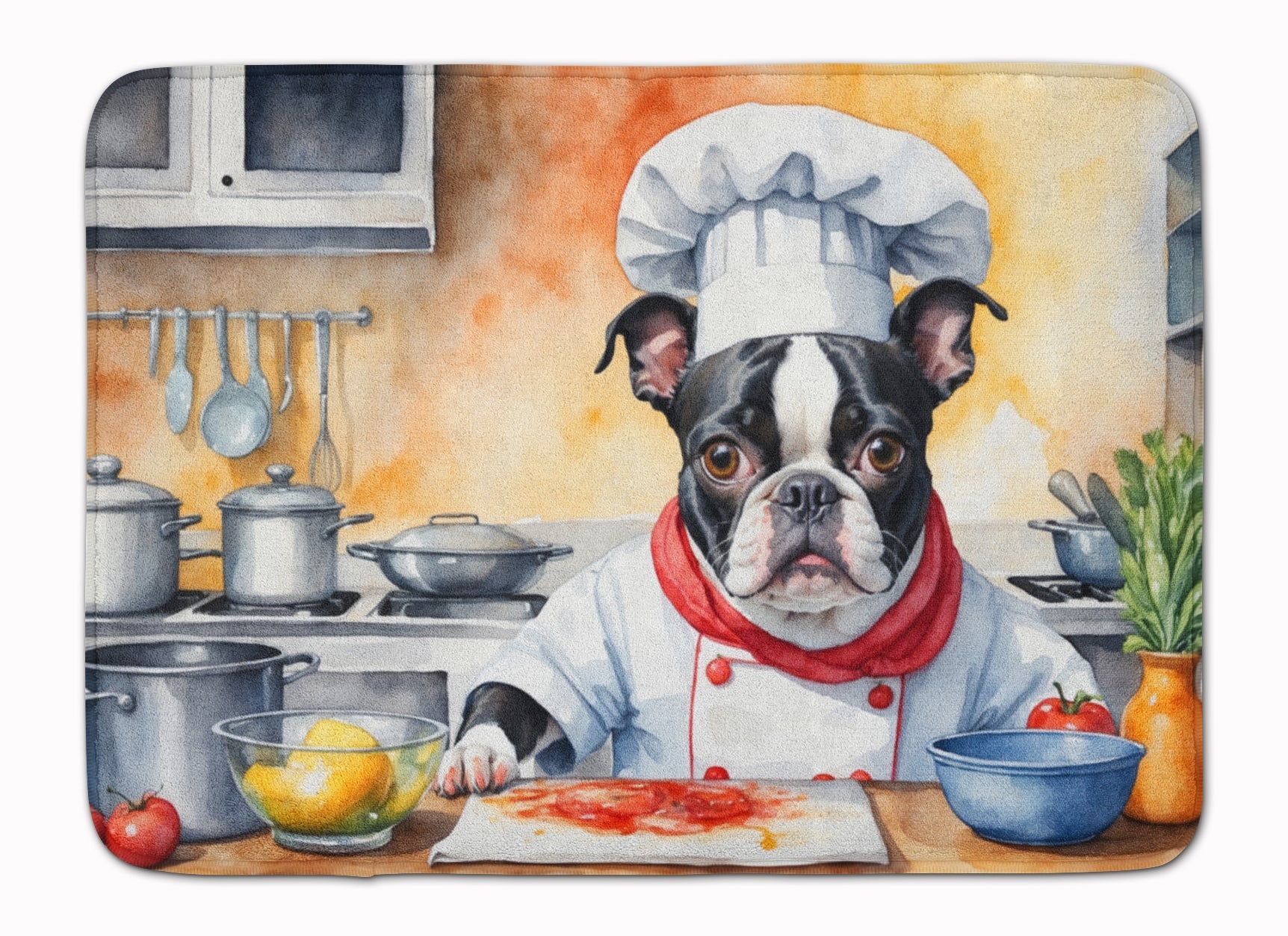 Boston Terrier The Chef Memory Foam Kitchen Mat Machine Washable Anti-Fatigue Cushion Comfort Bath or Kitchen Rug