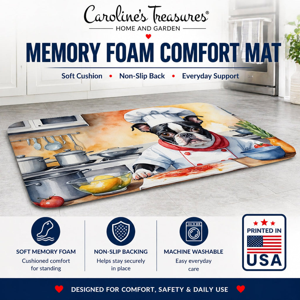 Boston Terrier The Chef Memory Foam Kitchen Mat Machine Washable Anti-Fatigue Cushion Comfort Bath or Kitchen Rug