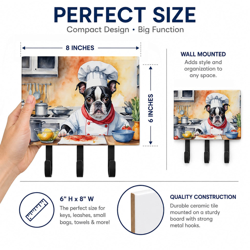 Boston Terrier The Chef Leash or Key Holder Wall Hooks, Coat Rack Wall Mount, for Hanging Keys, Towels, Aprons, Leashes