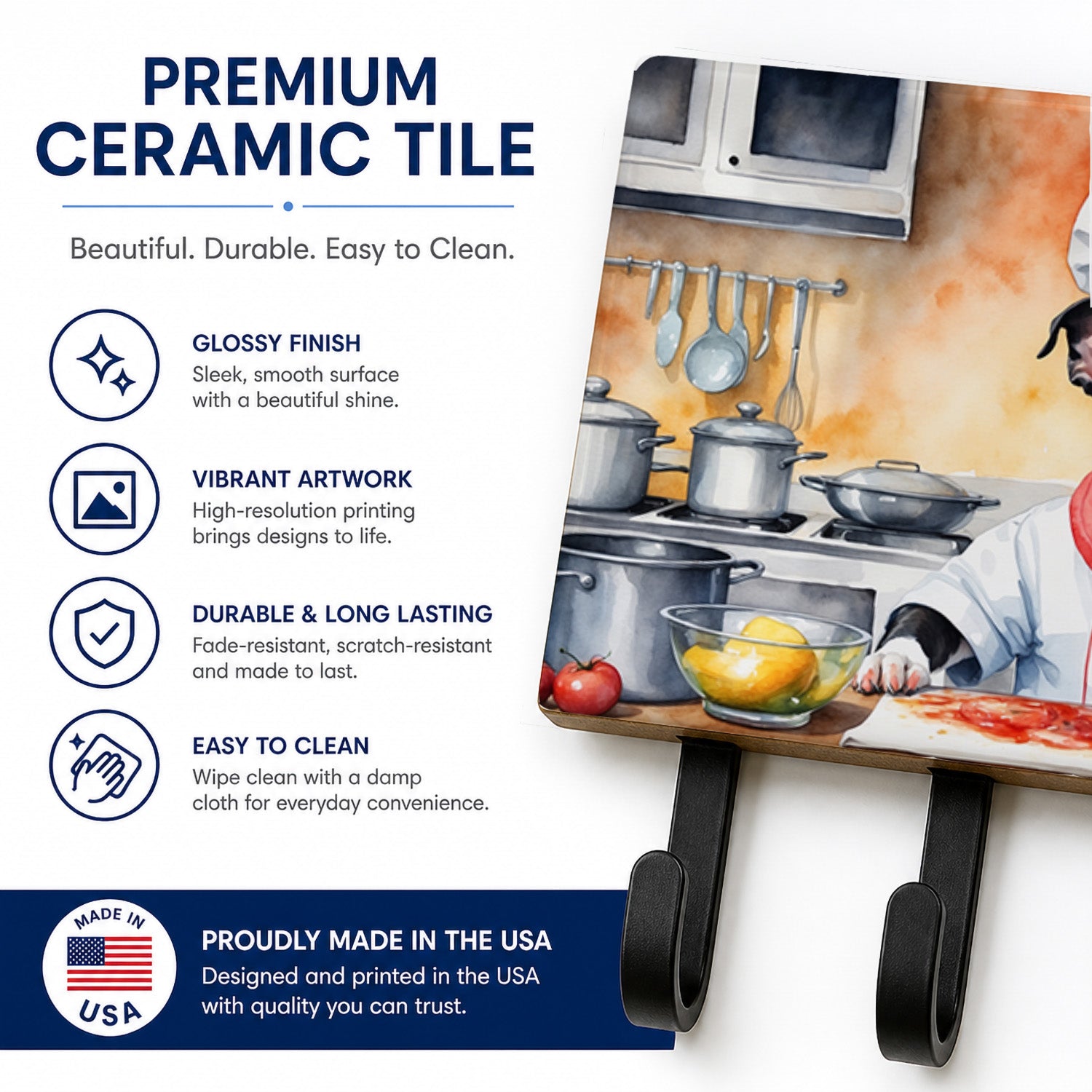 Boston Terrier The Chef Leash or Key Holder Wall Hooks, Coat Rack Wall Mount, for Hanging Keys, Towels, Aprons, Leashes