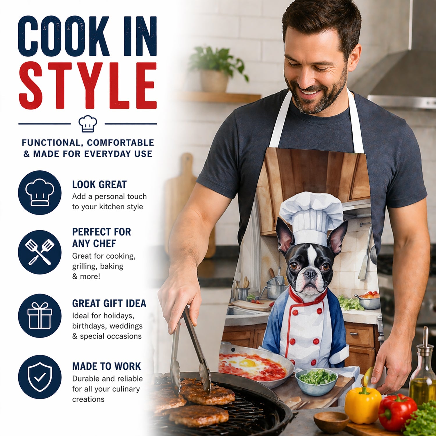 Boston Terrier The Chef Apron Cooking Kitchen Server Baking Crafts Gardening for Adult Women Men, Unisex, Large, Multicolor