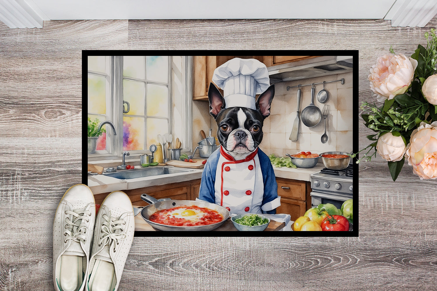 Boston Terrier The Chef Doormat Indoor Outdoor 24H X 36W Front Door Mat Rugs for Entryway, Non Slip Washable Low Pile,