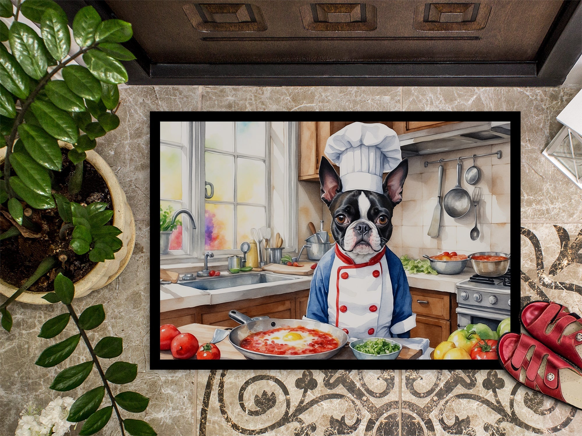 Boston Terrier The Chef Doormat Indoor Outdoor 24H X 36W Front Door Mat Rugs for Entryway, Non Slip Washable Low Pile,