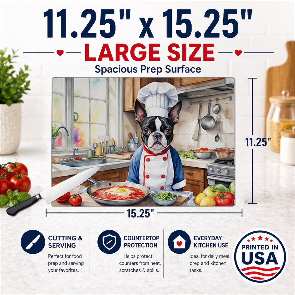 Boston Terrier The Chef Cutting Board Tempered Glass Kitchen Cutting Surface, Heat Resistant Chopping, Non-Slip Feet, Food Prep & Serving