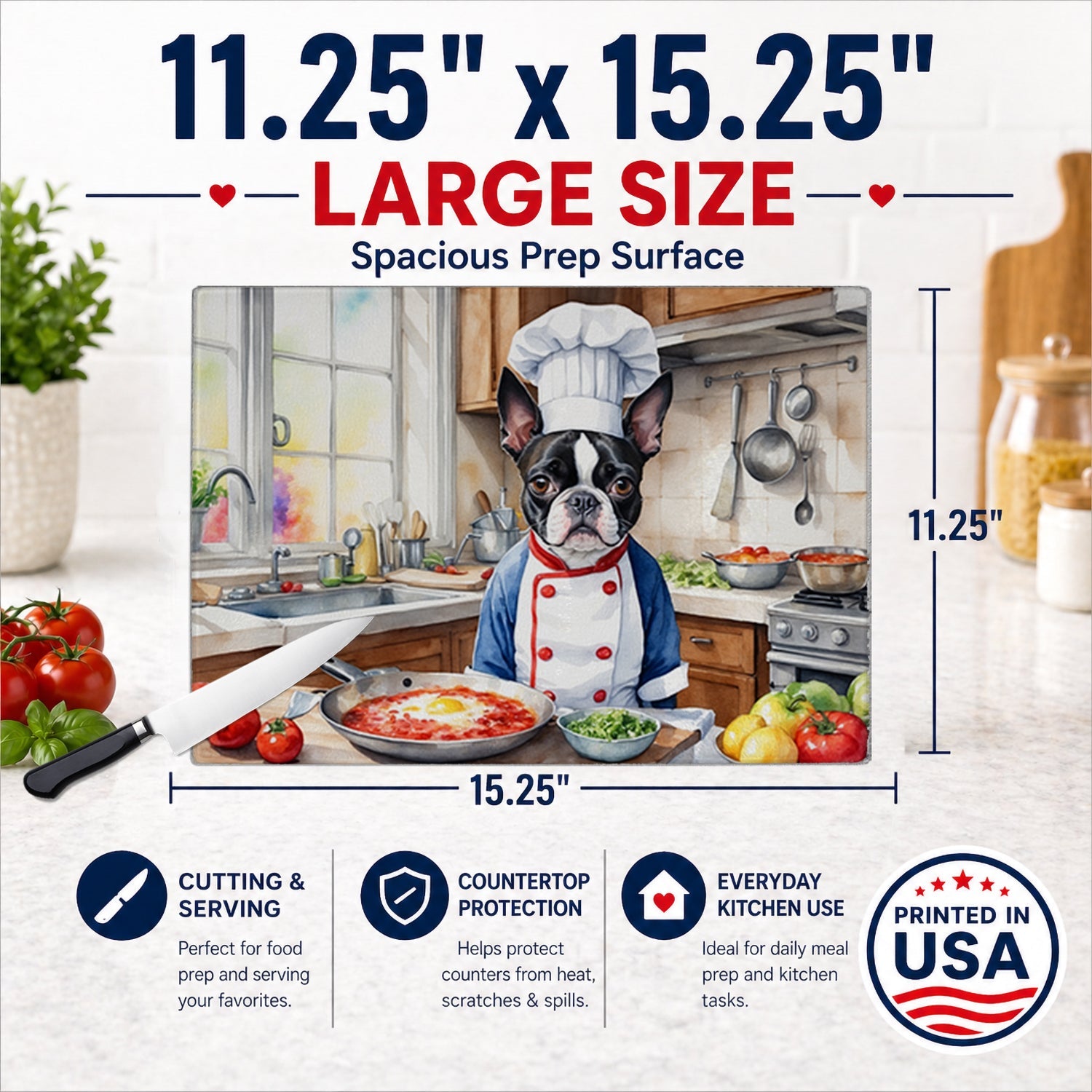 Boston Terrier The Chef Cutting Board Tempered Glass Kitchen Cutting Surface, Heat Resistant Chopping, Non-Slip Feet, Food Prep & Serving