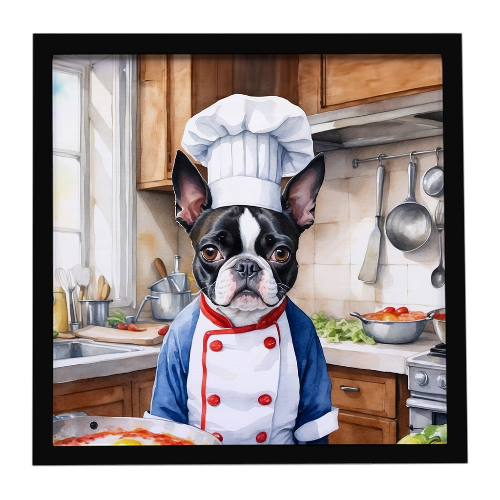 Boston Terrier The Chef Framed Metal Print Bathroom, Kitchen, Office, Home Decor Wall Art Ready to Hang, Square, 8X8