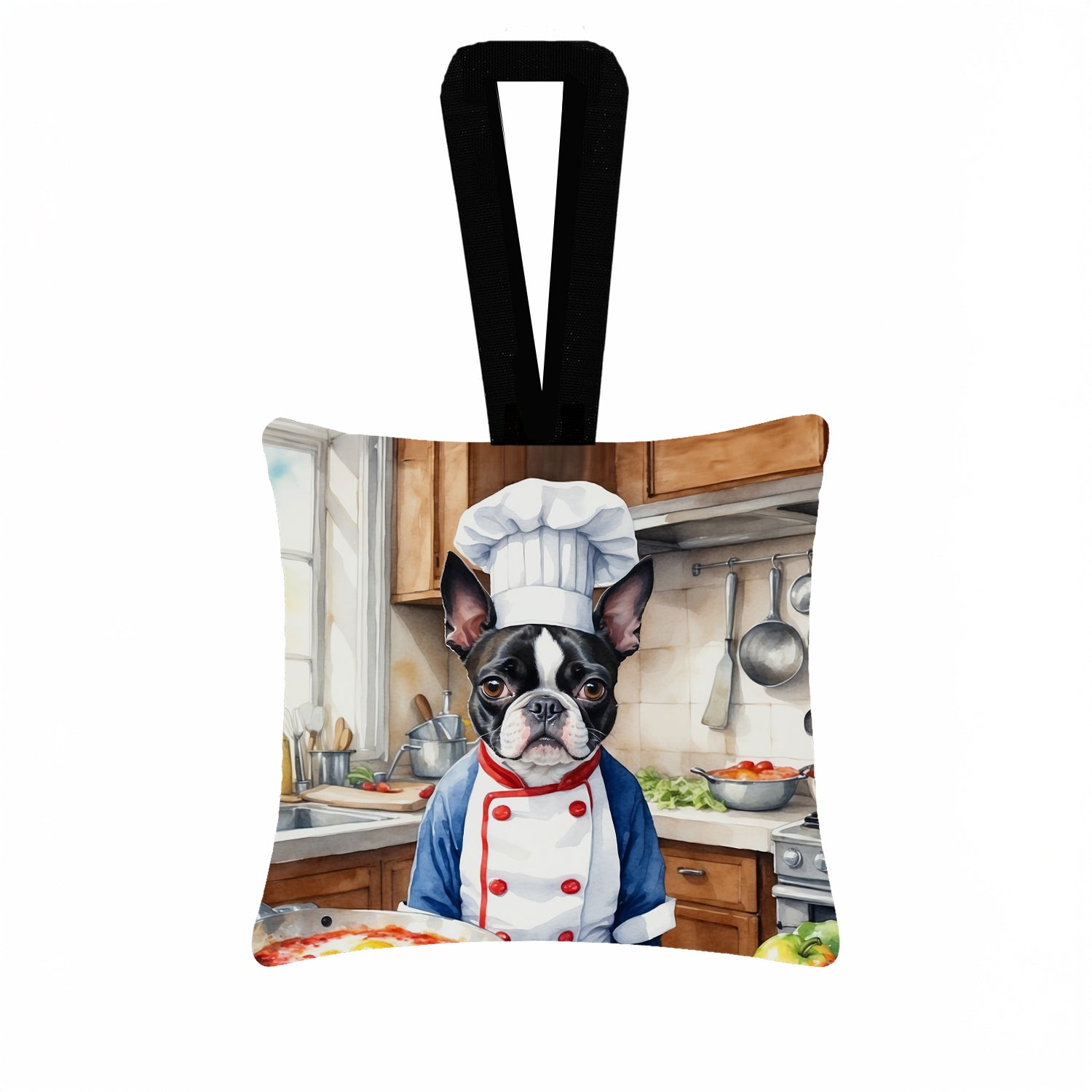 Boston Terrier The Chef Hanging Square Fabric Ornament 3.5 × 3.5 Decorative Door-Knob & Tree Hanger, Soft Fabric