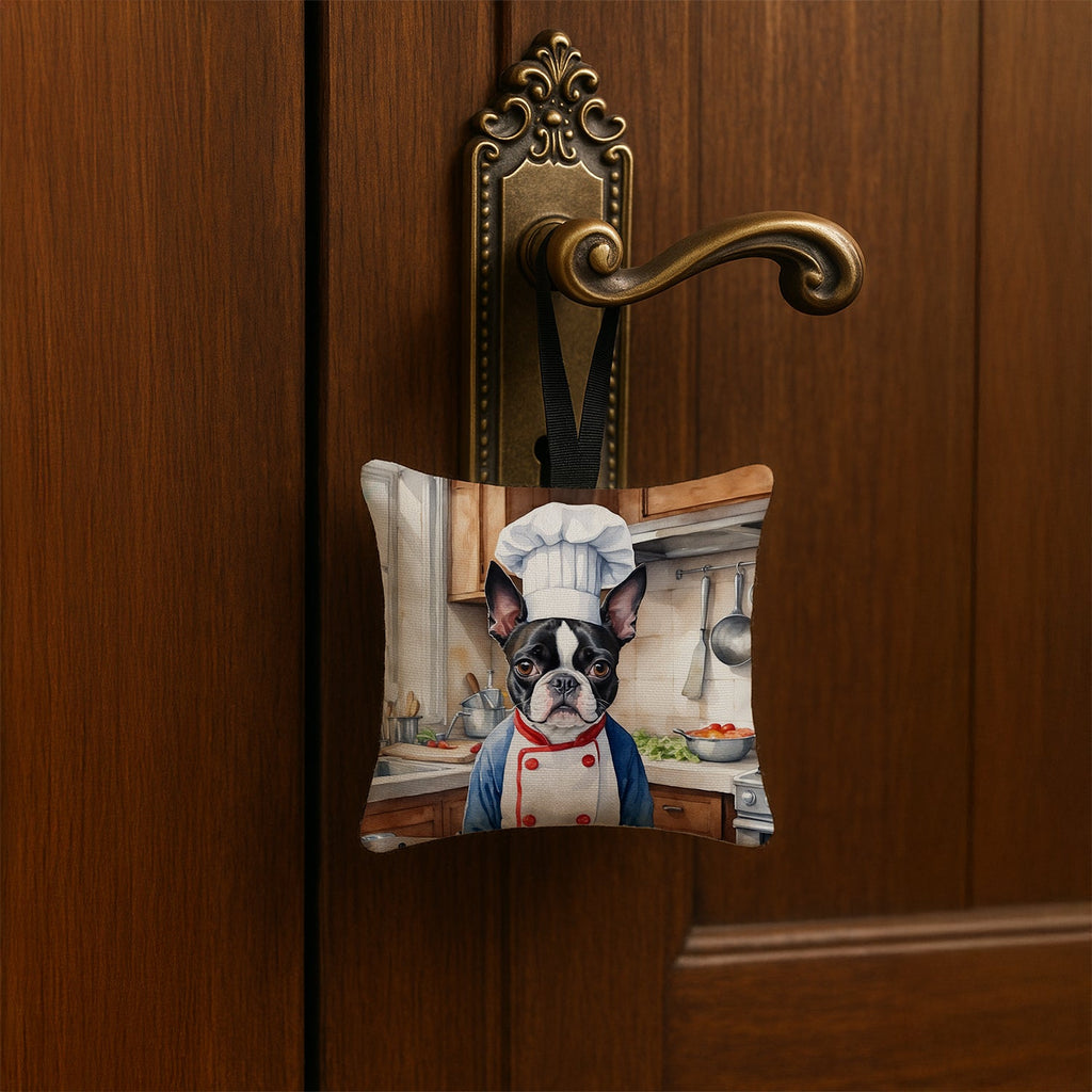Boston Terrier The Chef Hanging Square Fabric Ornament 3.5 × 3.5 Decorative Door-Knob & Tree Hanger, Soft Fabric