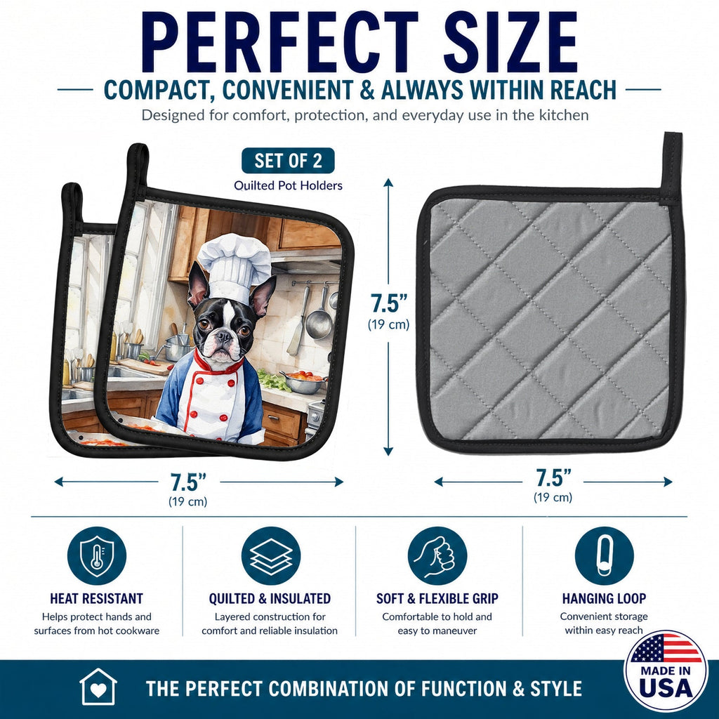 Boston Terrier The Chef Pot Holder Set of 2 Heat Resistant Quilted Hot Pads 7.5 x 7.5 Inch, Insulated Kitchen Trivets for Cooking & Baking