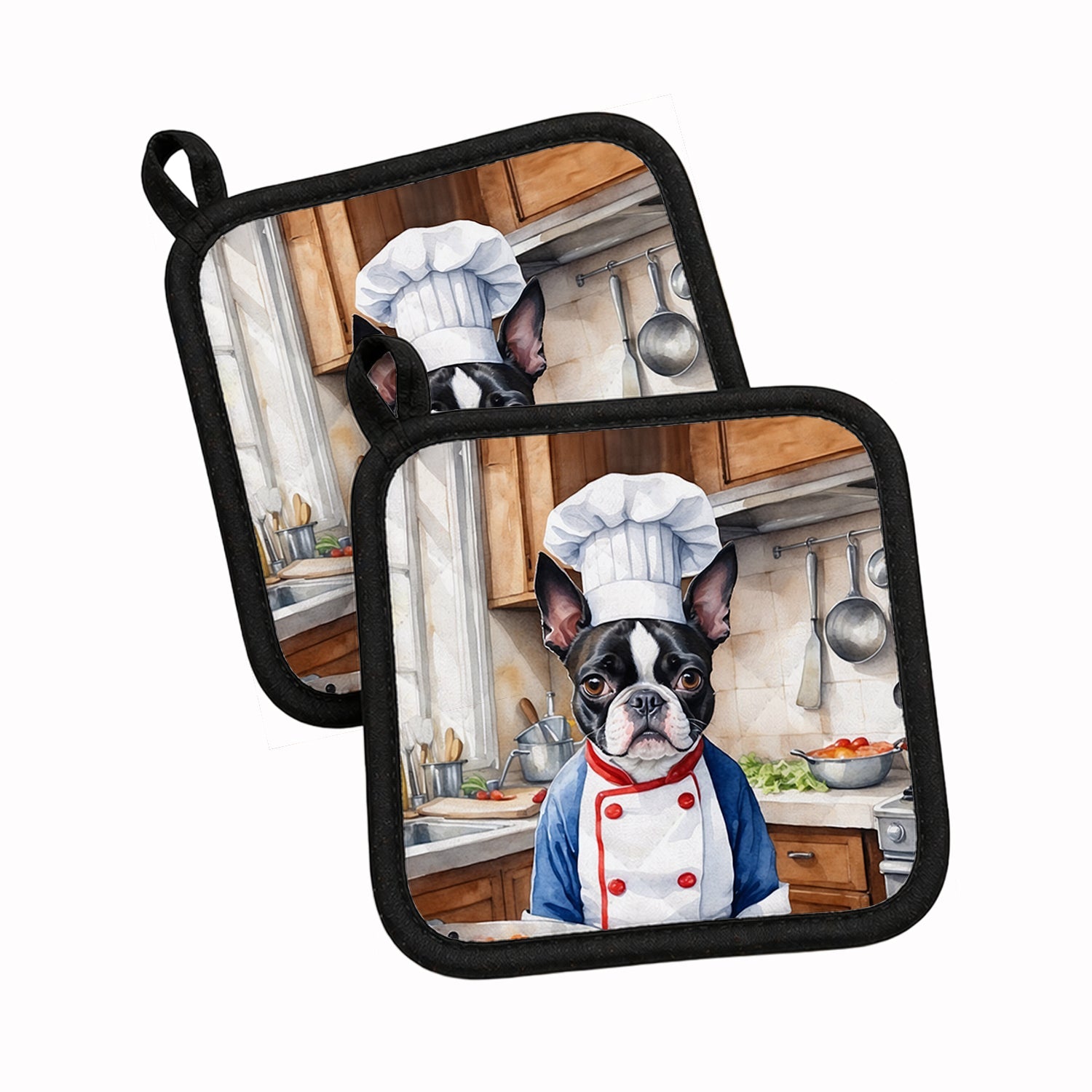 Boston Terrier The Chef Pot Holder Set of 2 Heat Resistant Quilted Hot Pads 7.5 x 7.5 Inch, Insulated Kitchen Trivets for Cooking & Baking